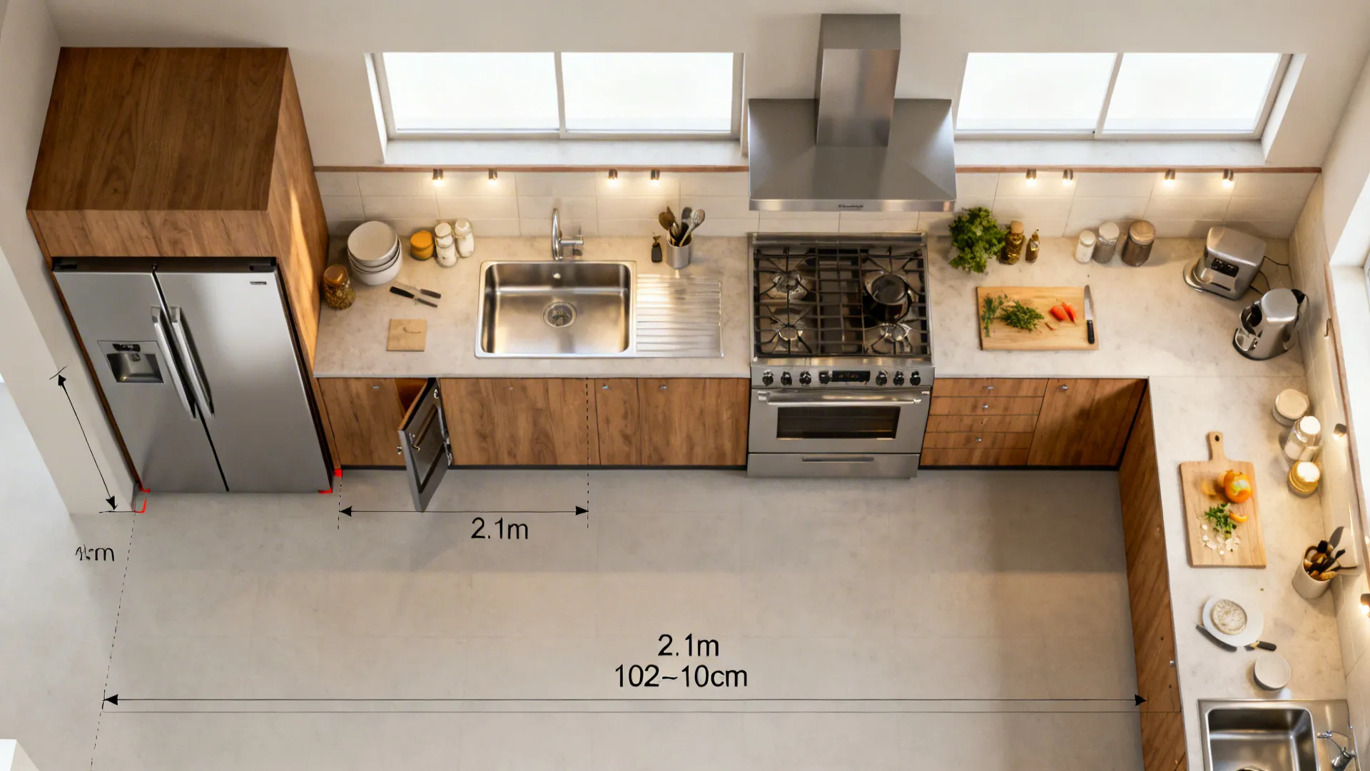 Top-down galley layout diagram showing ~102–110 cm aisle and linear workflow.