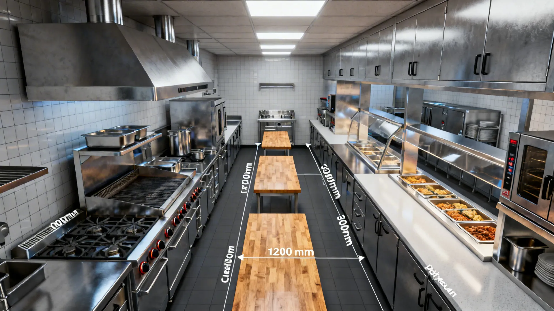 Top-down galley plan with contiguous hot line, pass opposite, and clear aisle widths.