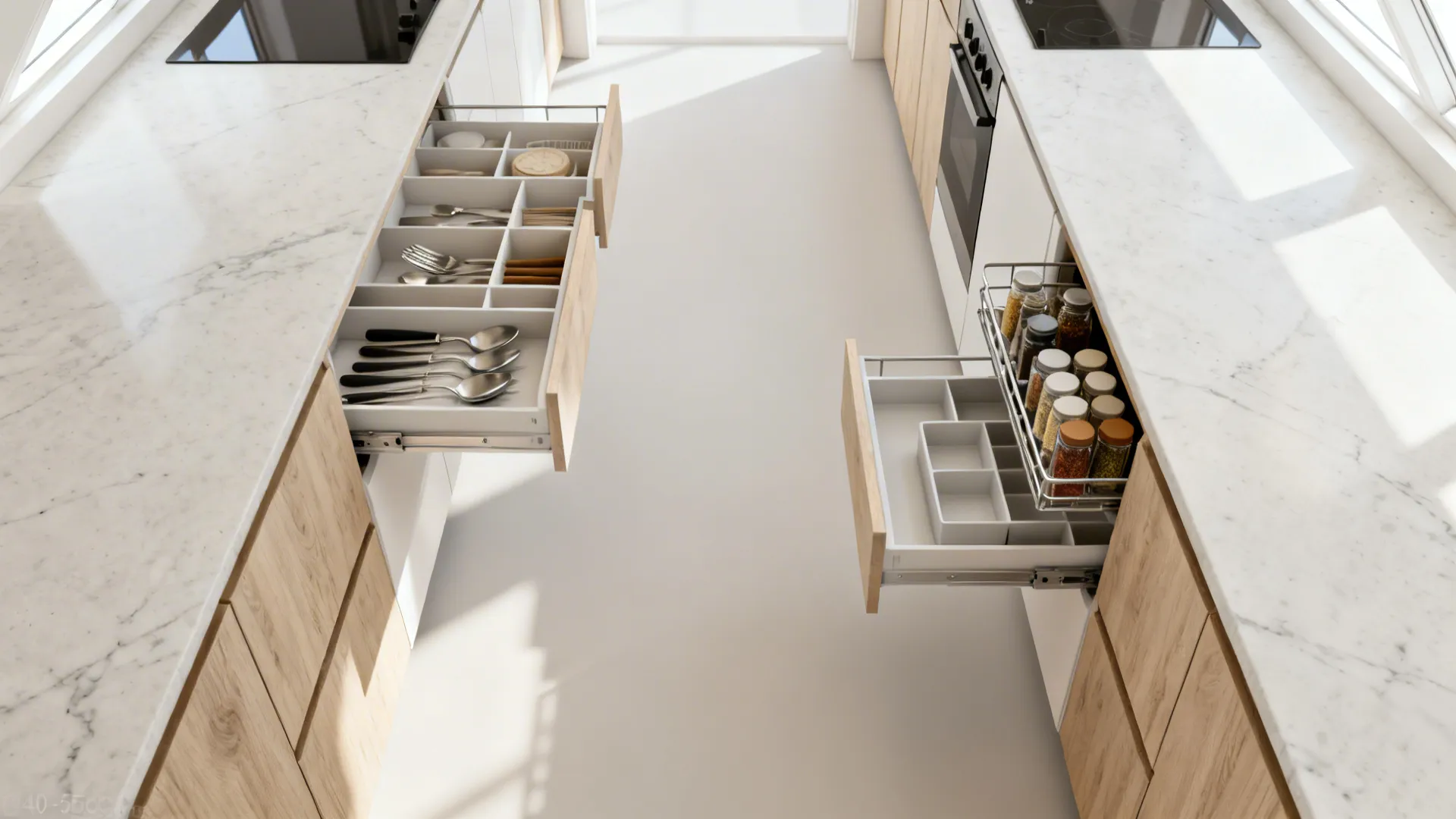 Top-down view of a galley with shallow bases maintaining a comfortable aisle.