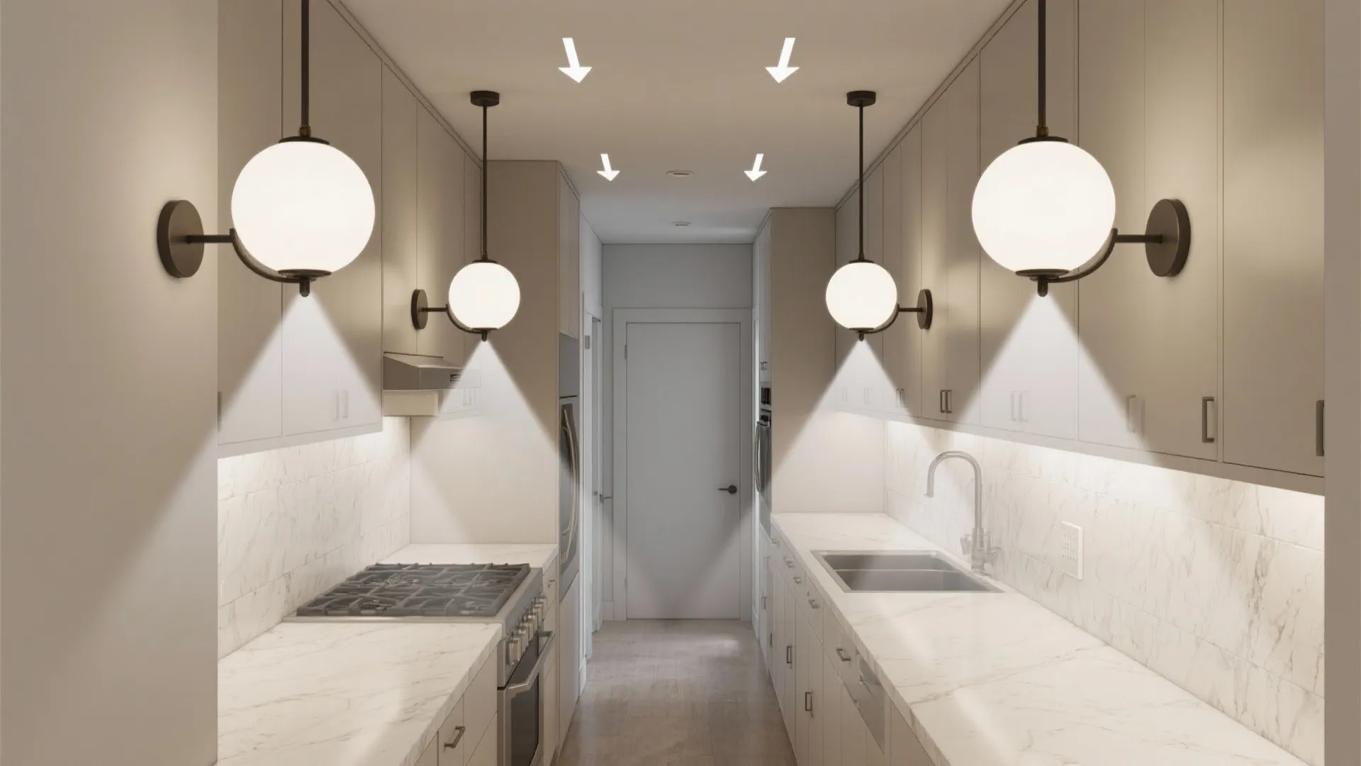 2) High-mount globe lights as ceiling grazers