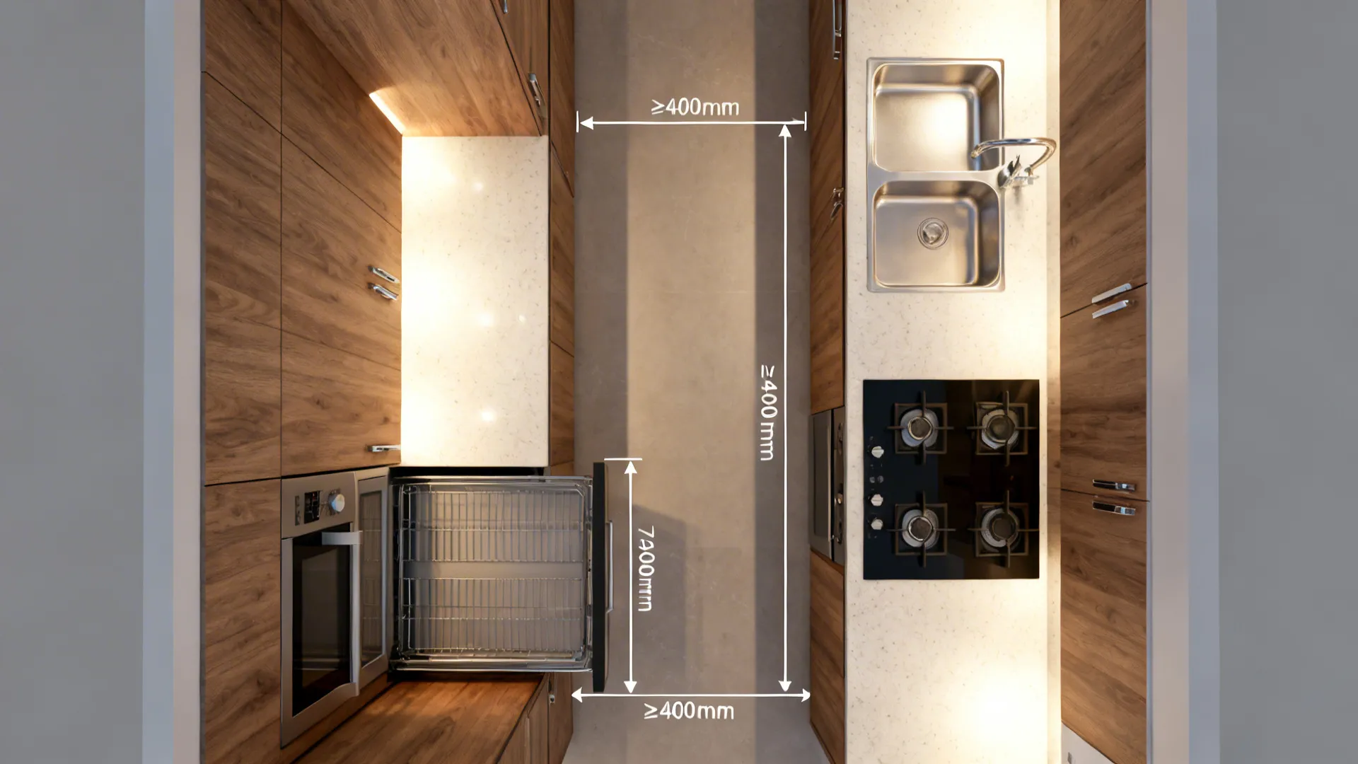 Top-down visualization of a galley kitchen showing the microwave drawer and landing zones.