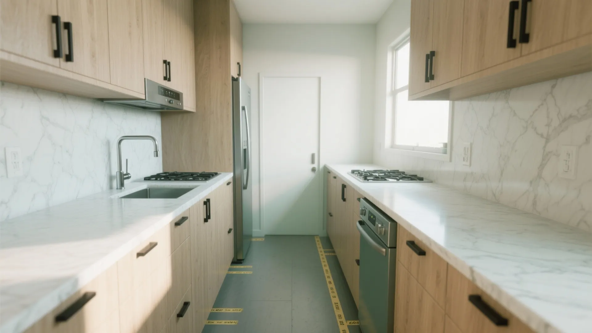 Modern narrow kitchen with wood cabinets white marble counters sink stove and stainless steel fridge design