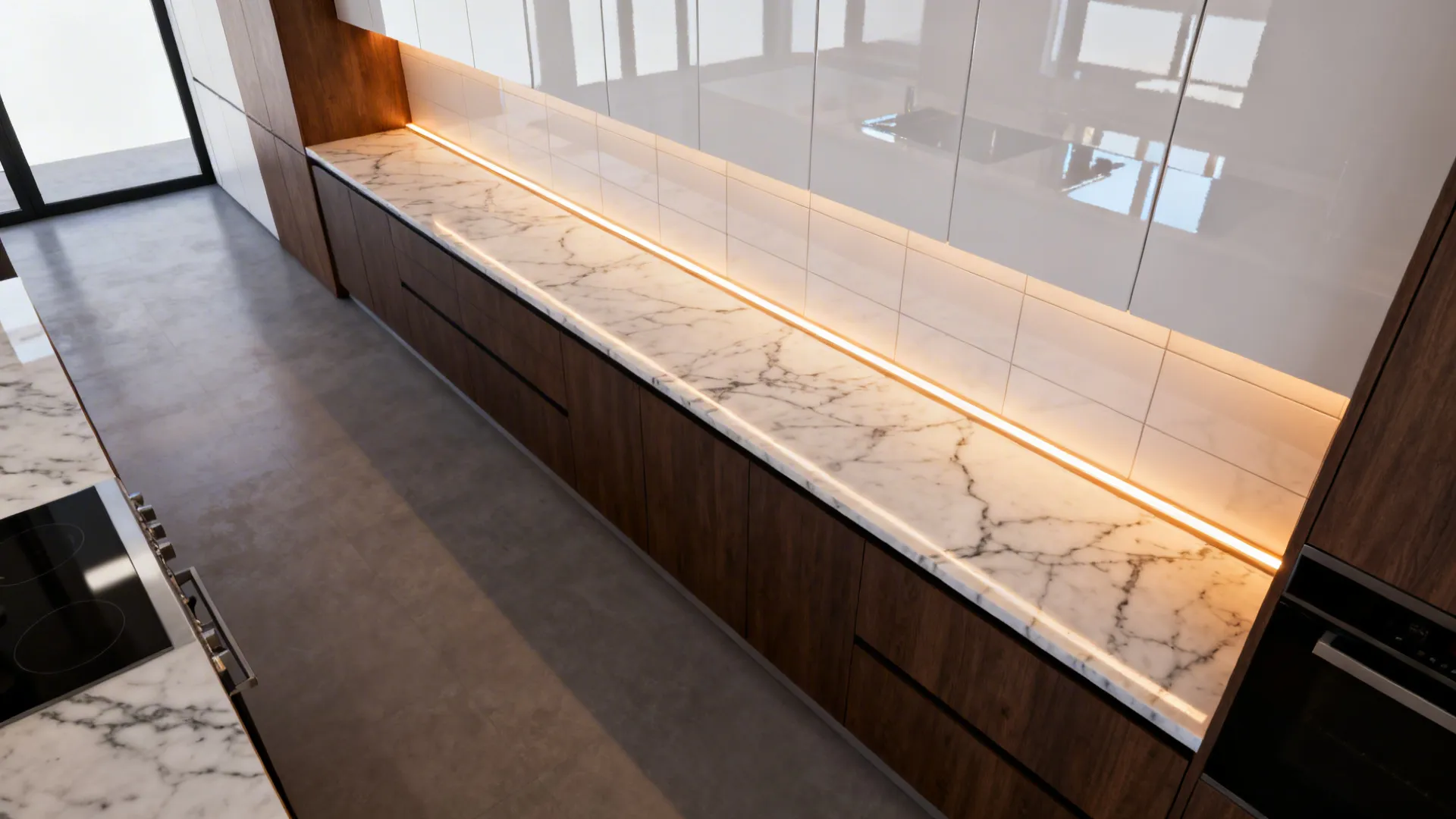 Top-down view of a tiny galley with darker lowers, lighter uppers, and glossy white backsplash.