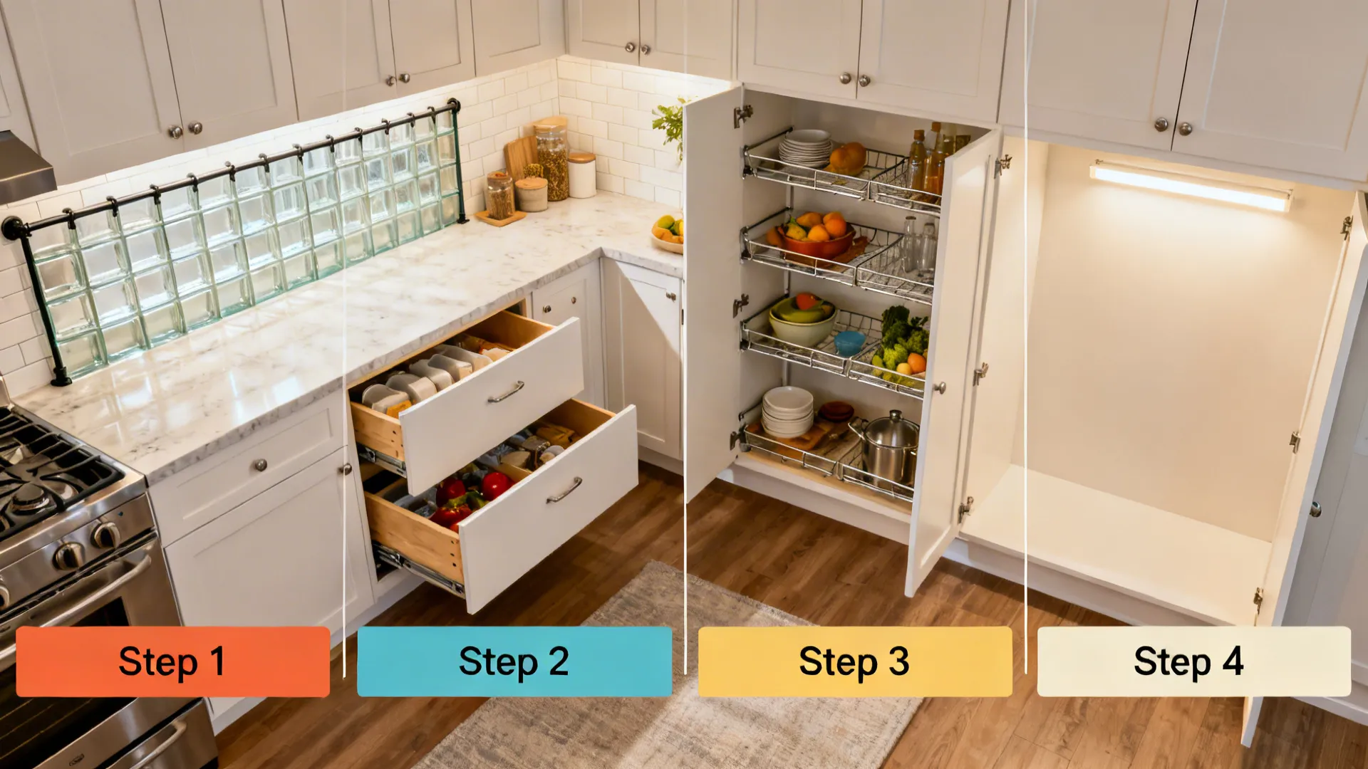 Top-down sequence showing backsplash rail, deep drawers, door racks, and LED lighting.