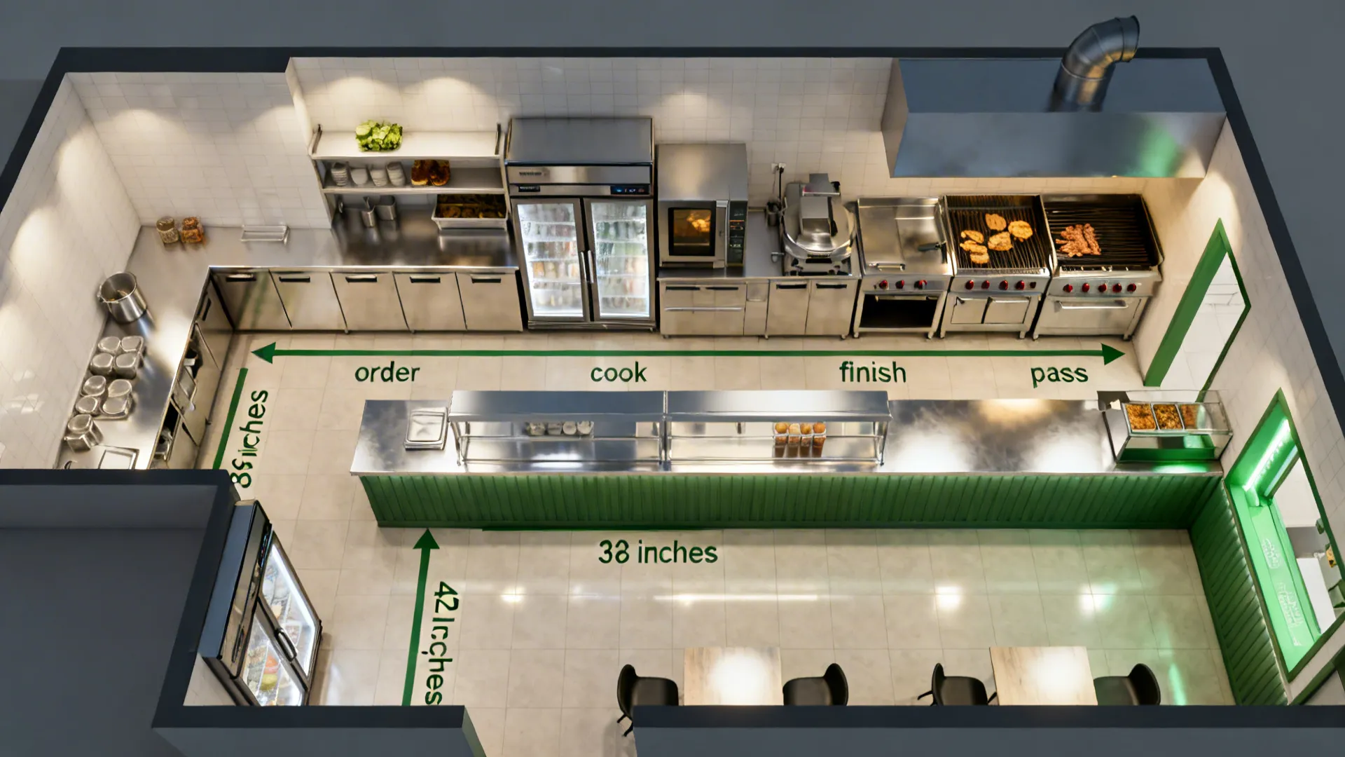 Top-down comparison of L-shaped versus straight galley layouts showing linear flow and aisle widths.