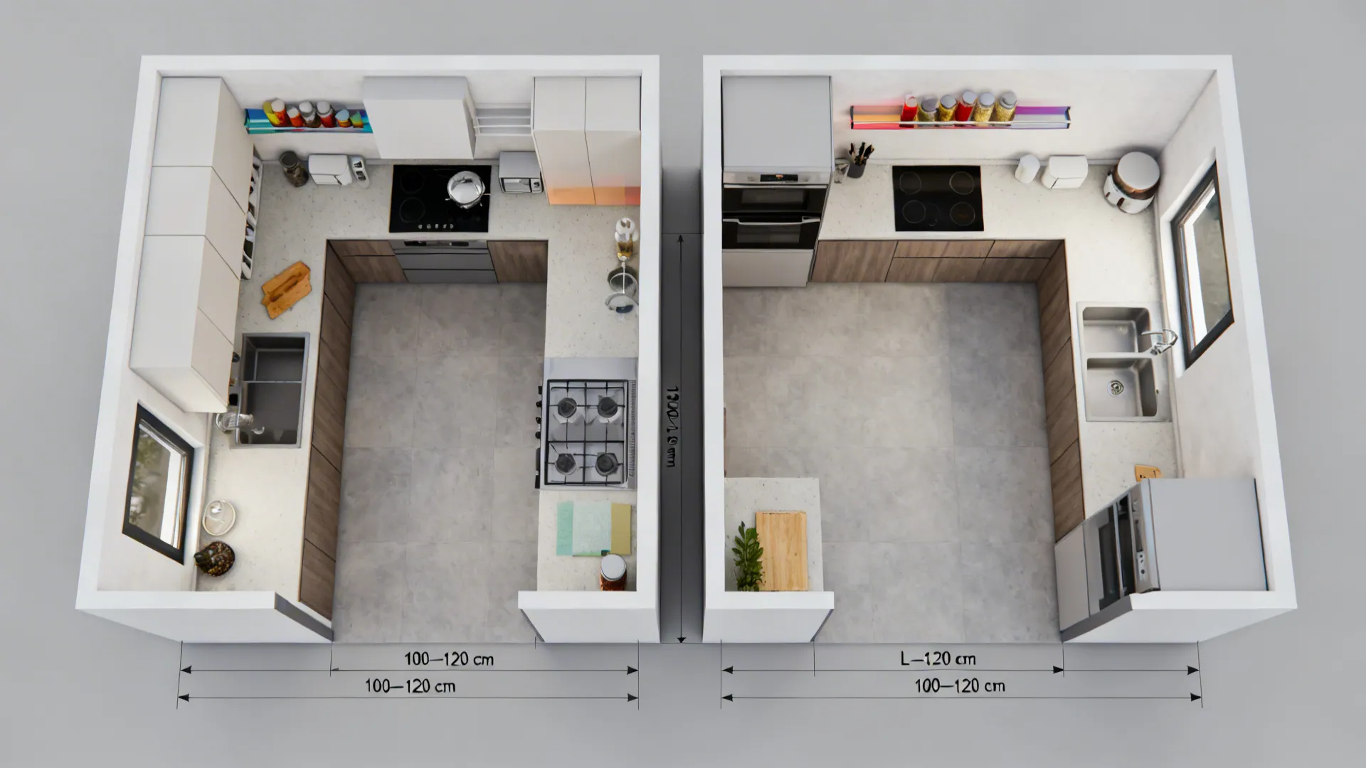 Top-down comparison of galley and L-shaped layouts with clear aisle widths