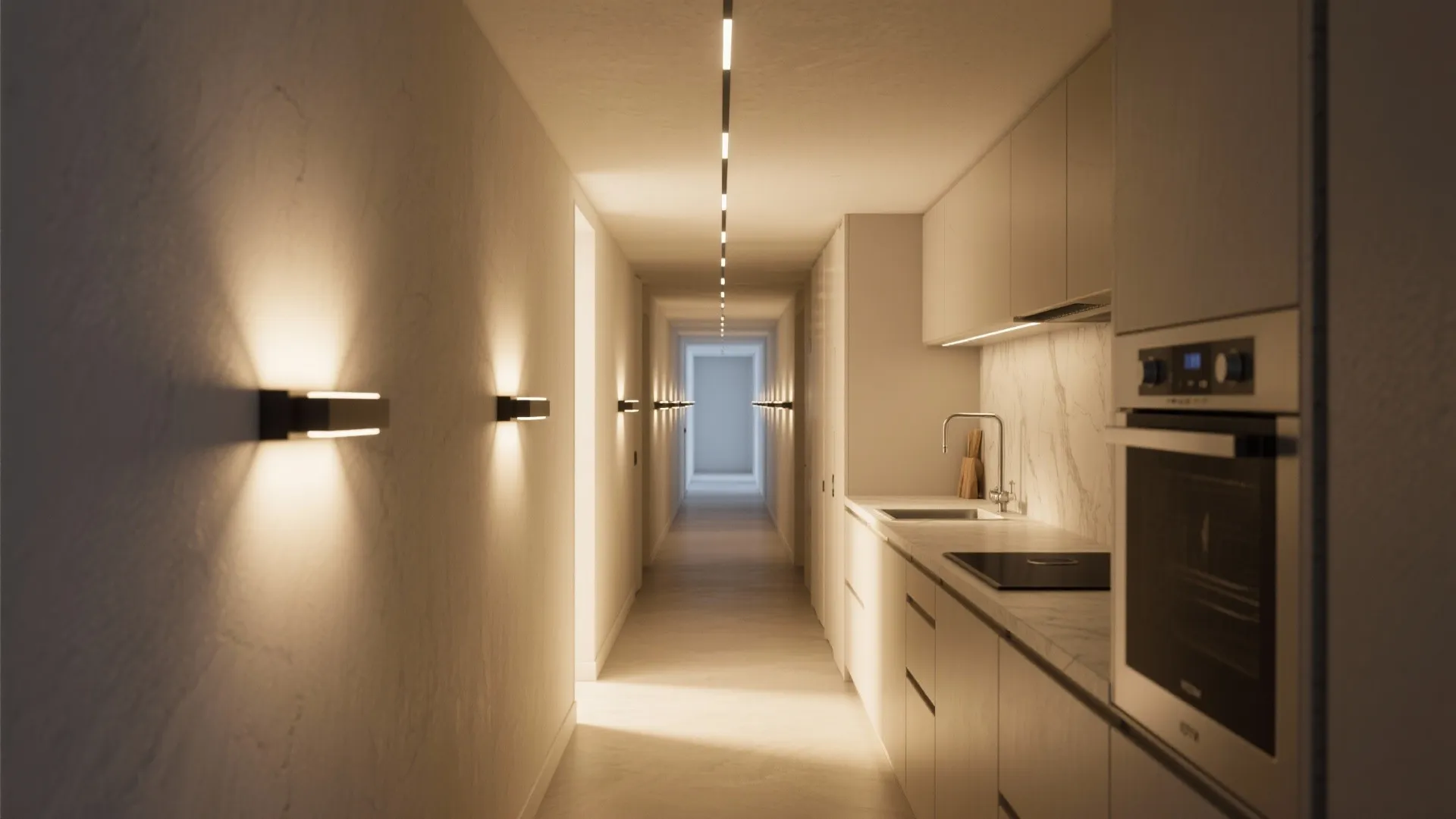 Use two-way lights as wayfinding in galley kitchens