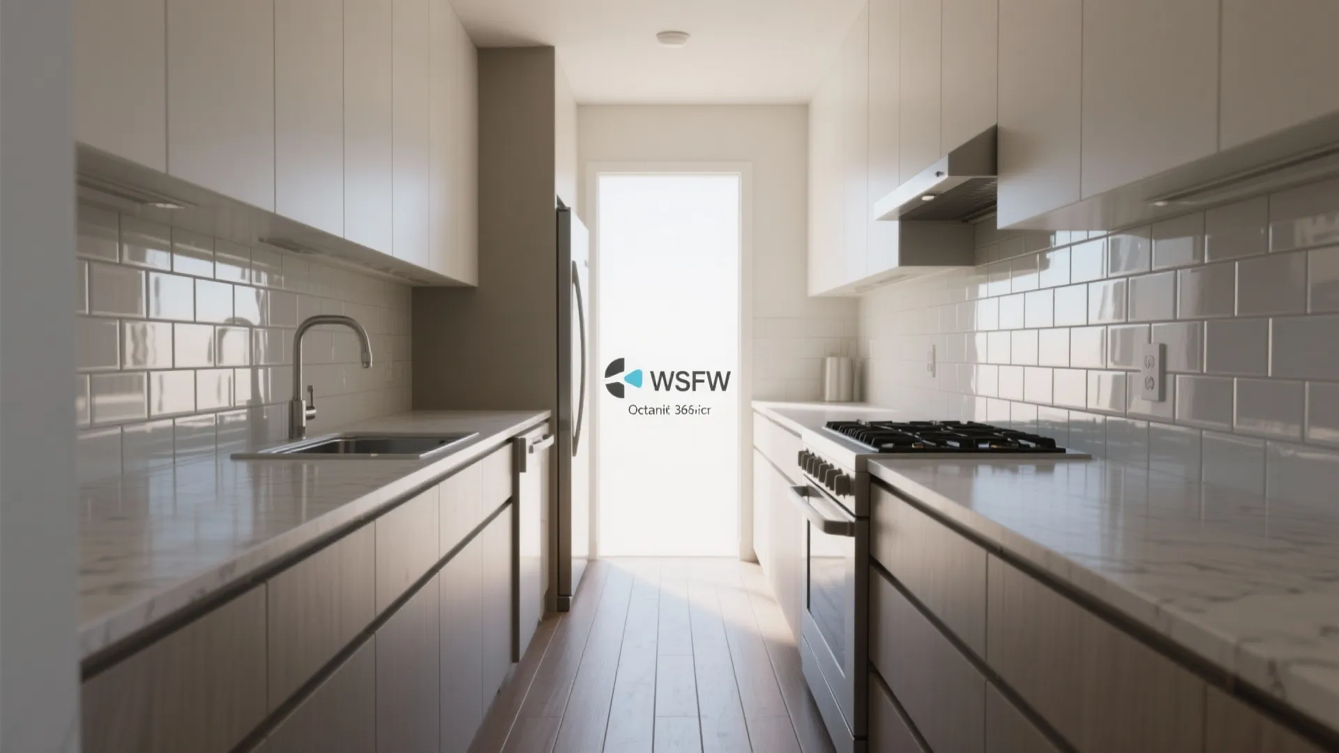 Narrow galley kitchen with white cabinets white tile backsplash marble countertops and a gas stove