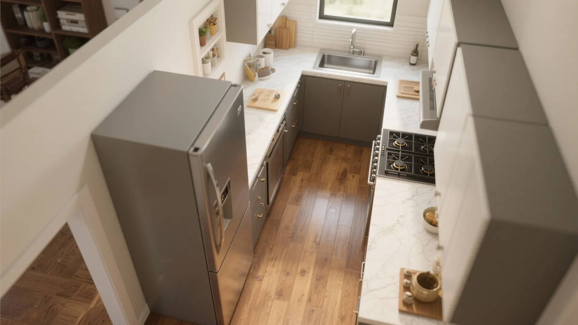 Top view of narrow kitchen with grey cabinets marble countertops stainless steel sink and large fridge