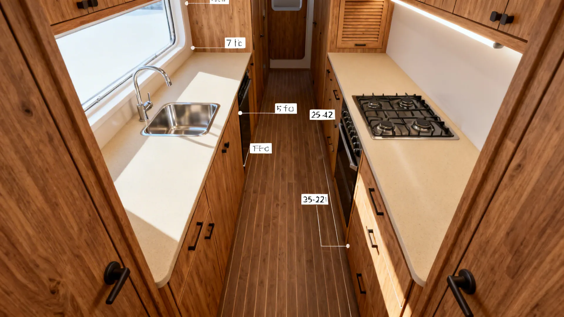 Galley layout with zoned workflows