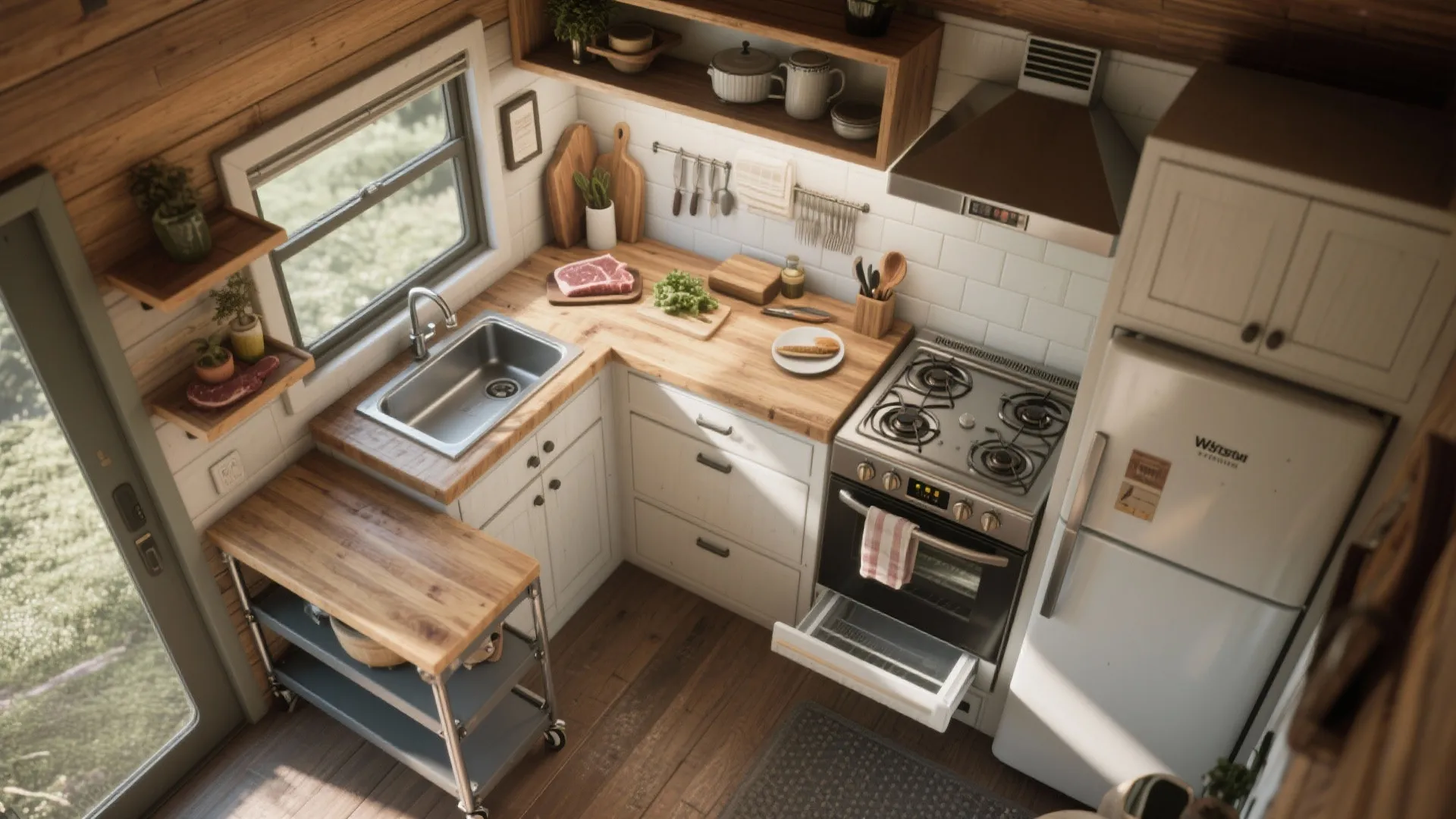 Small kitchen design with white cabinets wood countertops metal sink stove fridge and a window