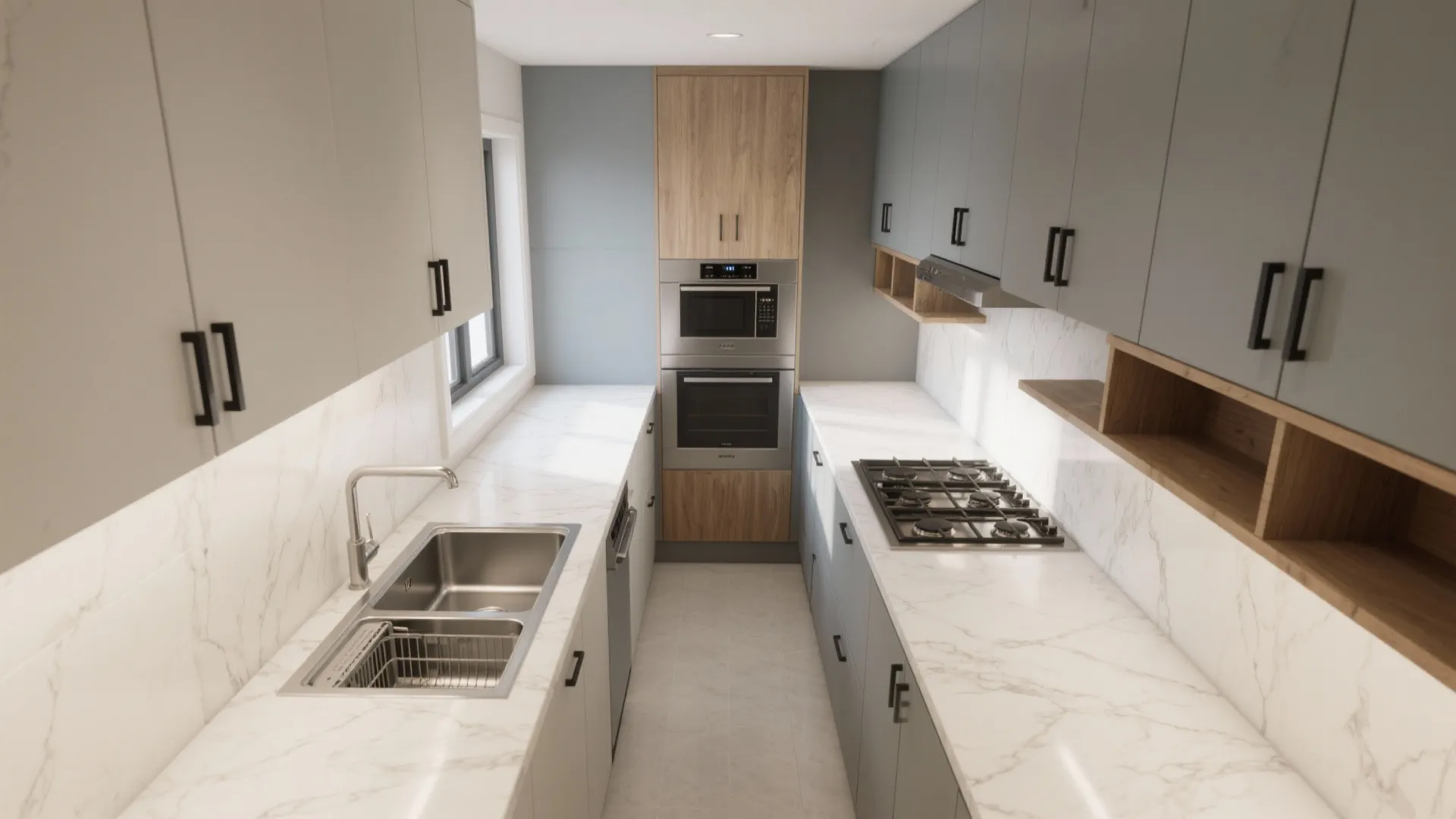 Interior design drawing of narrow kitchen with marble countertops grey cabinets wood accents and integrated appliances