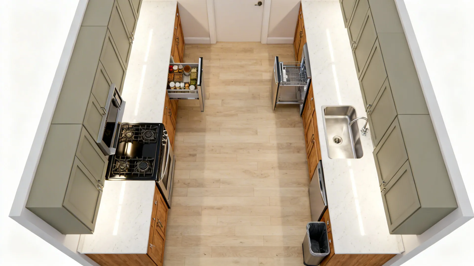 Top-down view of a galley kitchen with a 39–42 inch aisle and split cook and clean zones.