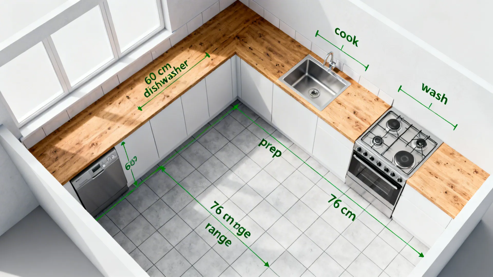 Overhead plan of a compact galley kitchen showing prep, cook, and wash zones with appliance widths locked.
