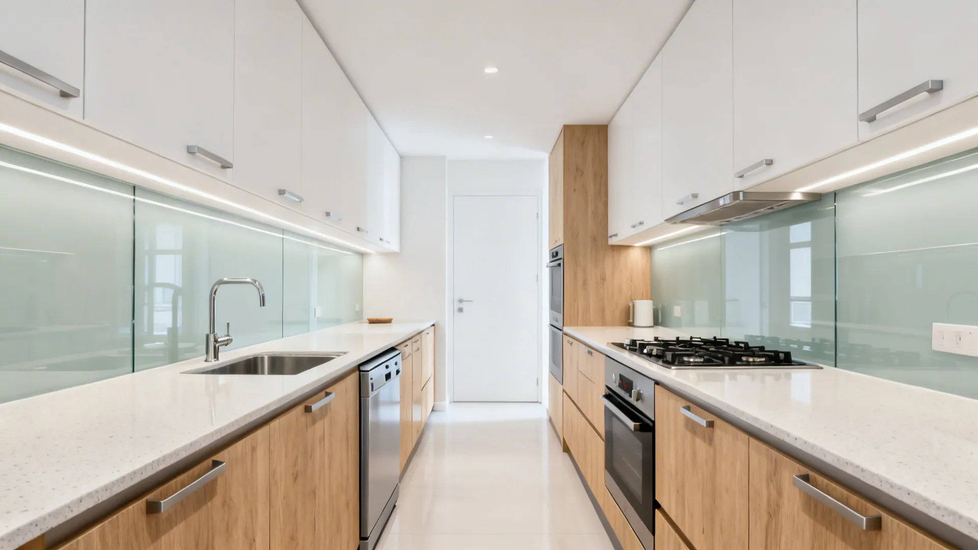 Modern narrow kitchen with light wood lower cabinets white upper cupboards glass backsplash and gas stove