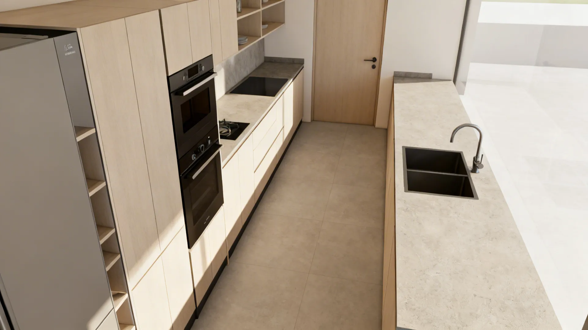 Top-down plan of a 1.8m-wide galley with tall storage at one end and a continuous prep run.