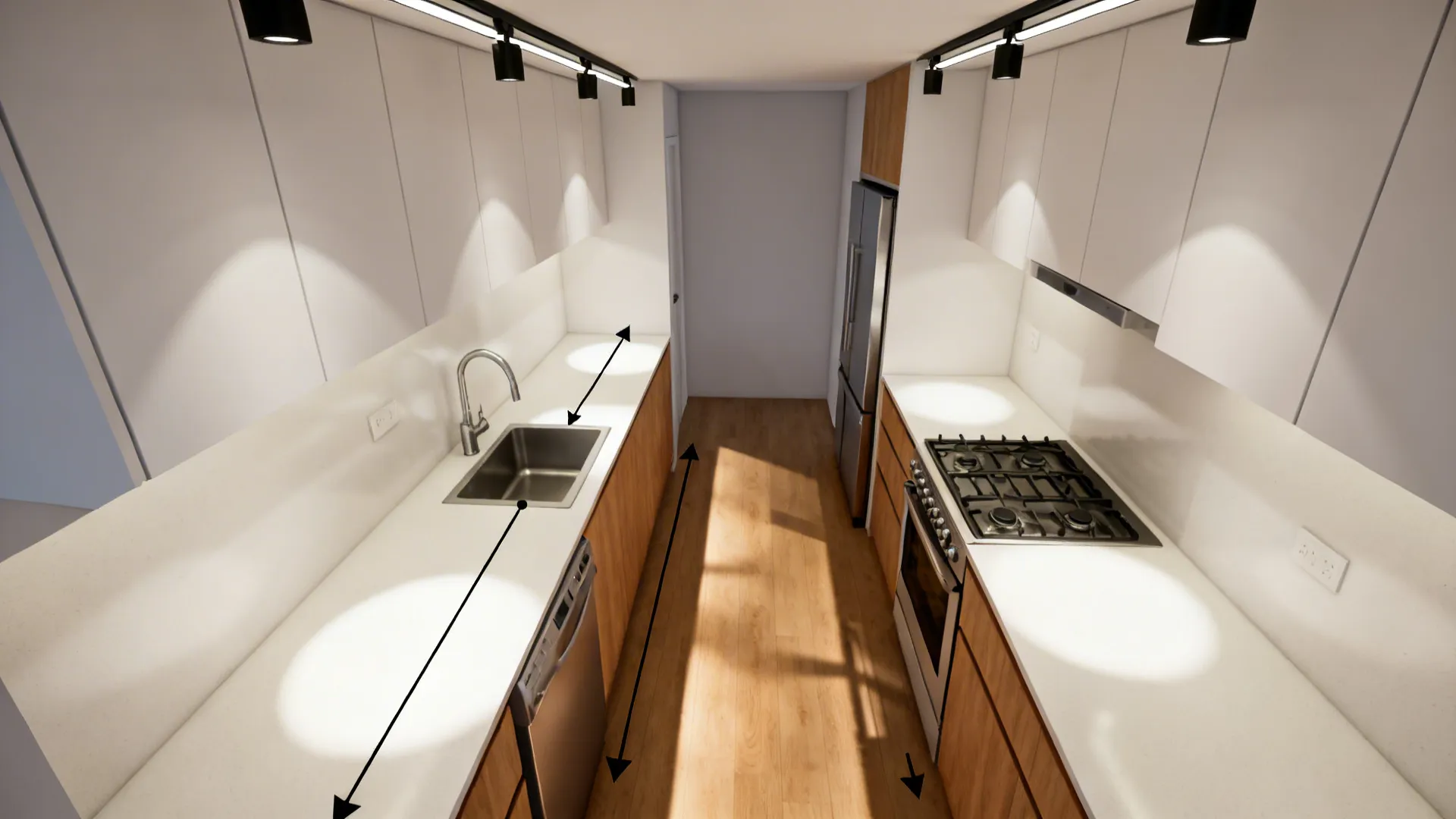 Top-down view of a galley kitchen showing prep, clean, and cook zones with layered lighting and clear aisles.