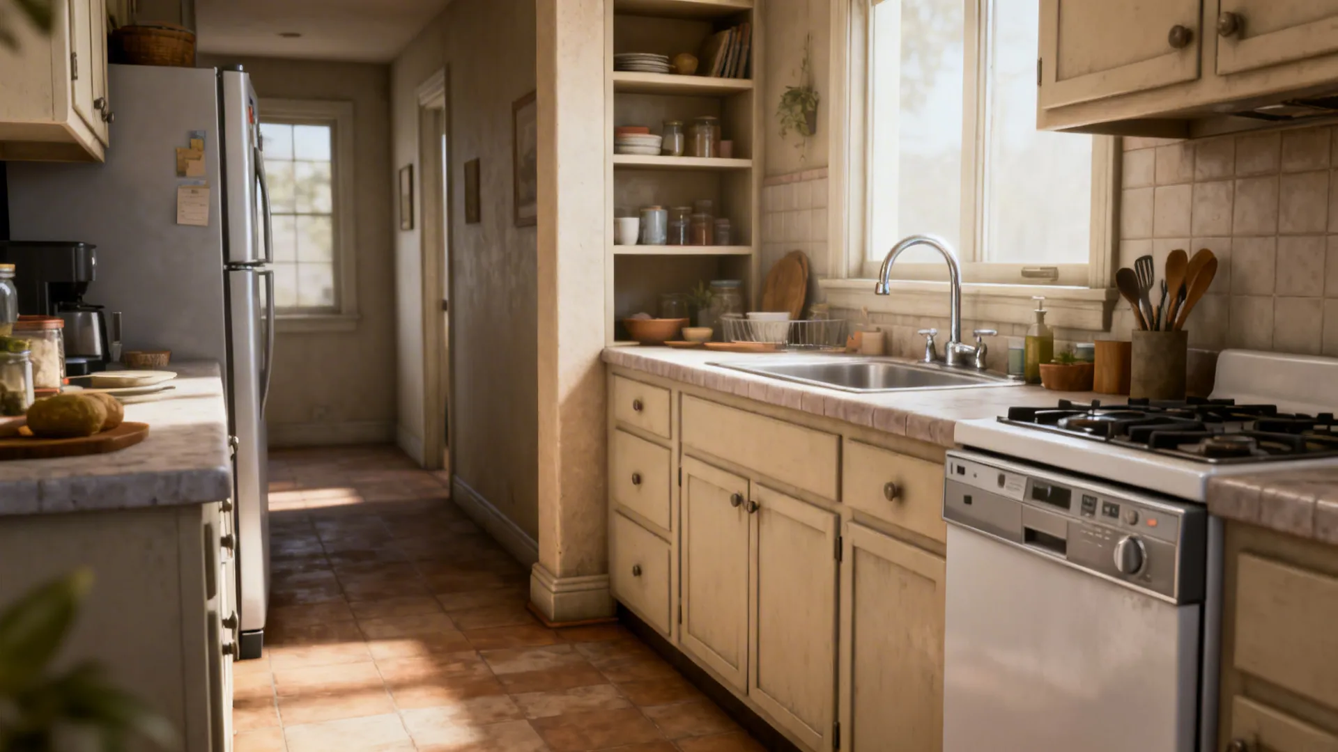 Galley workflow with pillar as a zoning edge