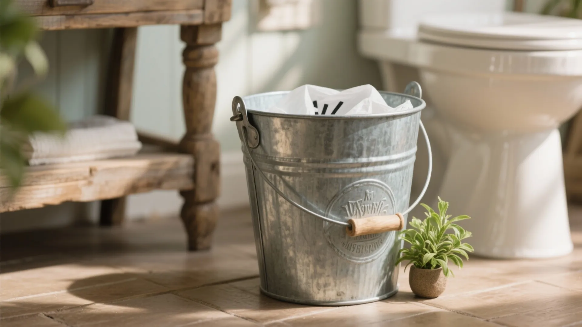 Metal bucket used as a bathroom trash can placed on floor near toilet and small plant