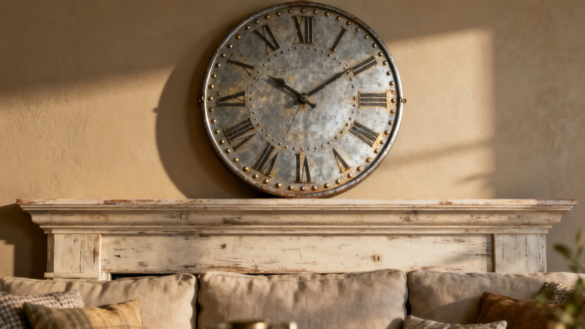 Oversized distressed galvanized metal clock above a sofa, showing scale and texture.