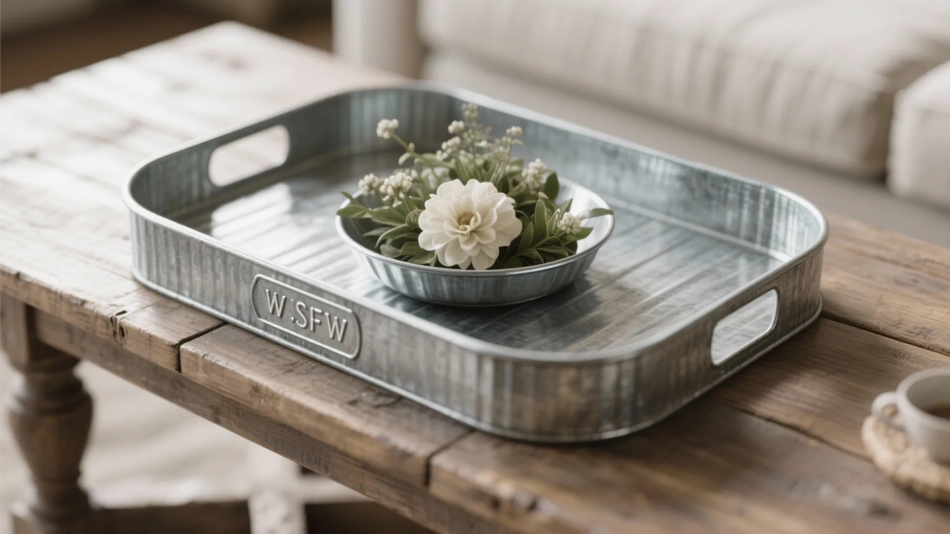 Metal tray with white flower bowl on wooden table in a farmhouse style living room