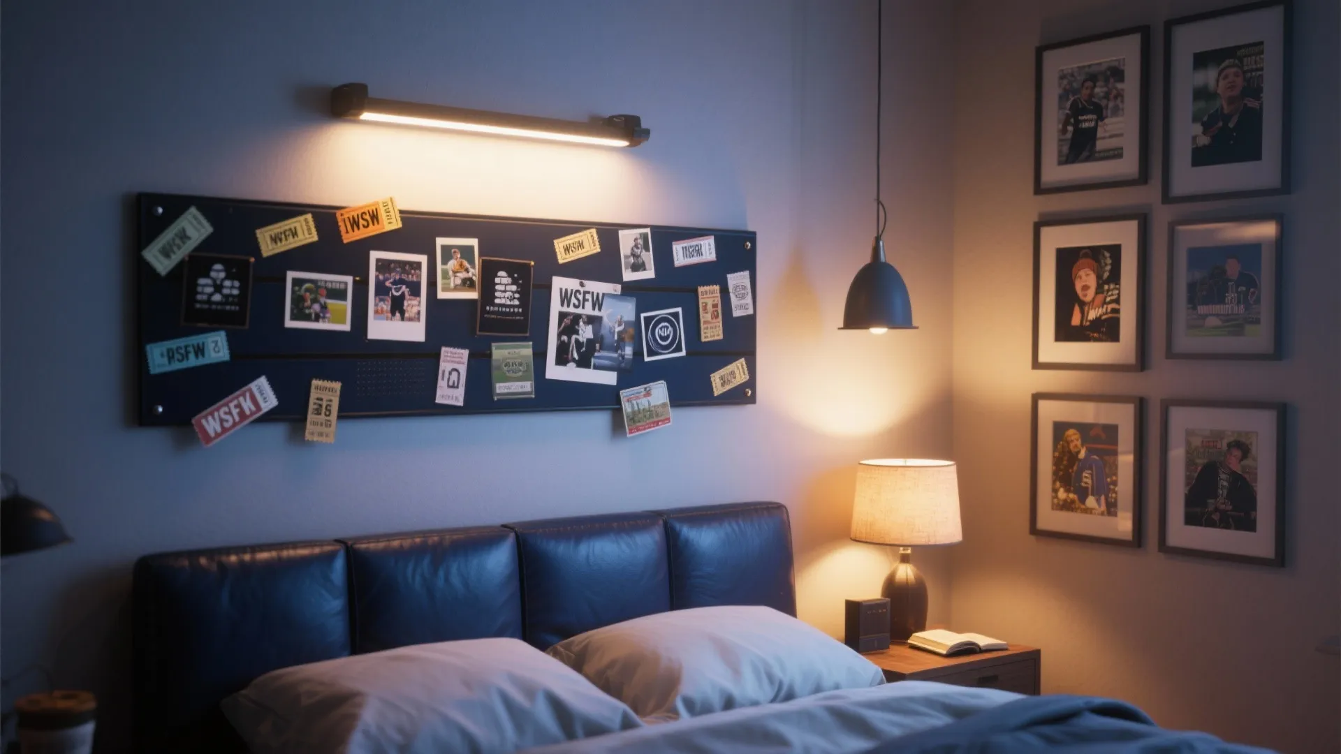 Bedroom with blue leather bed and a wall board featuring sport tickets and framed photos