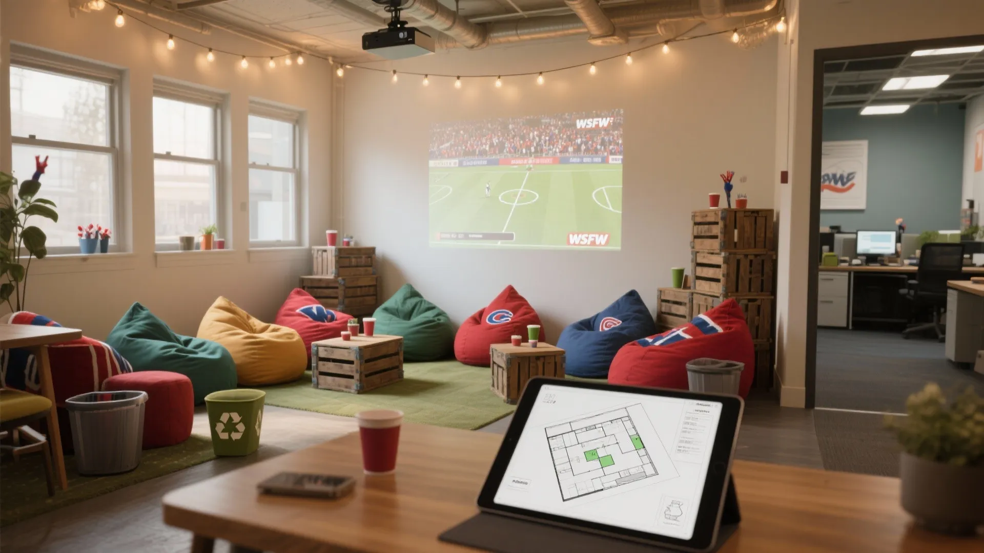 Office lounge with bean bags projector screen showing football and tablet displaying a floor plan
