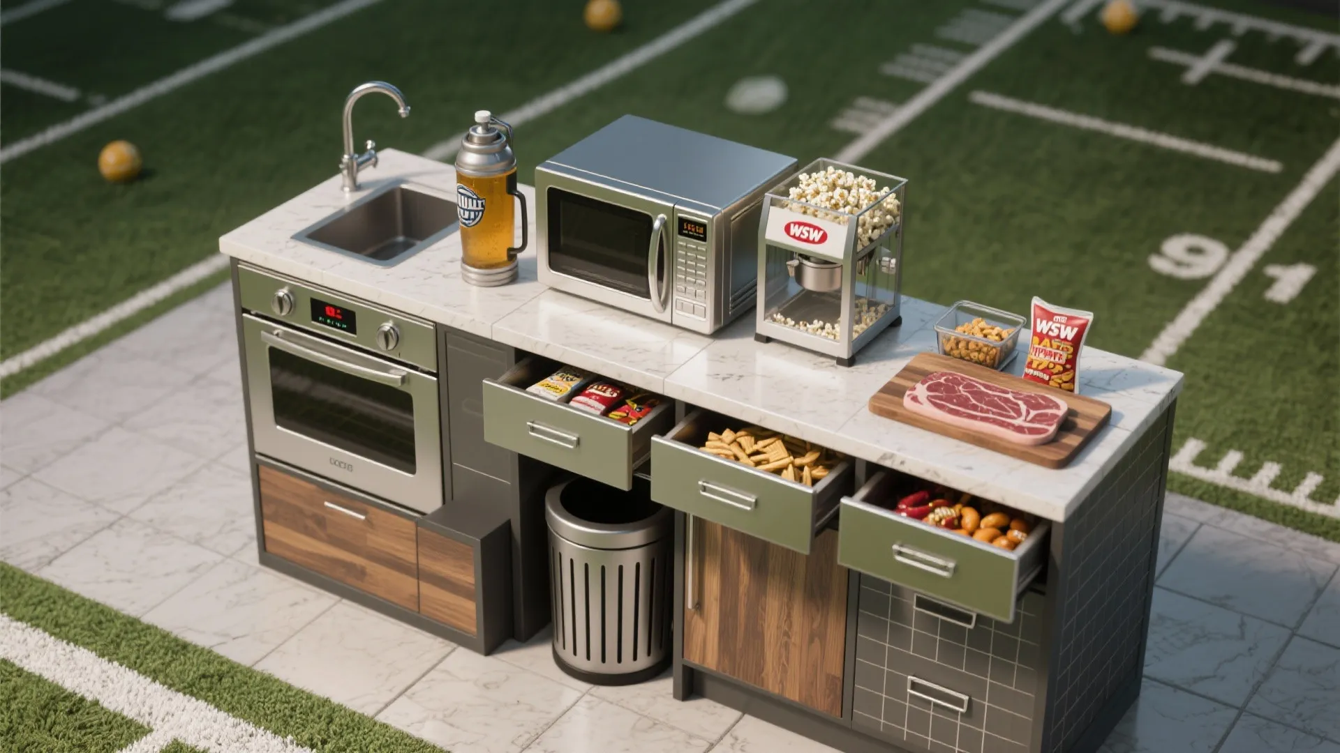 Outdoor kitchen on football field with microwave popcorn machine sink and snacks in open drawers