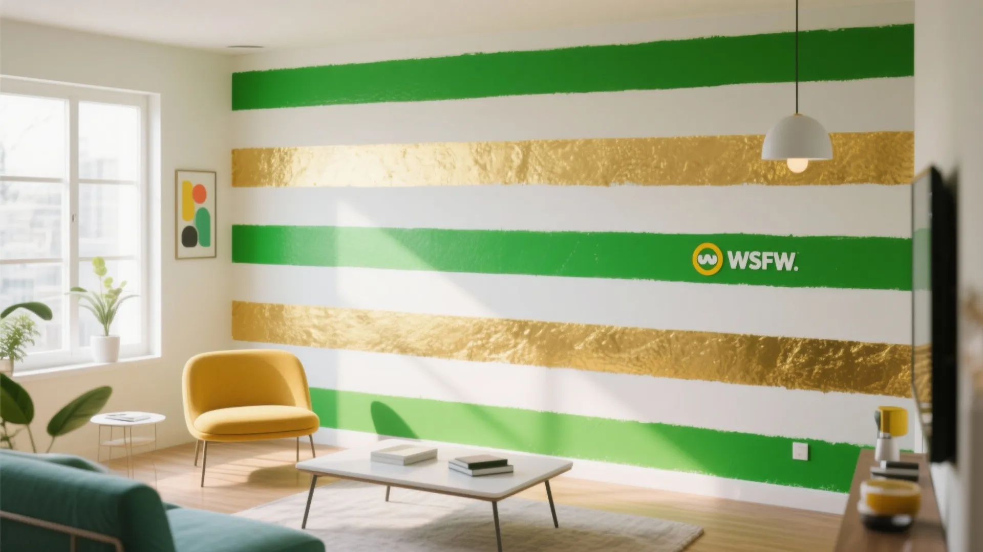 Accent wall with horizontal green and gold stripes in bright daylight
