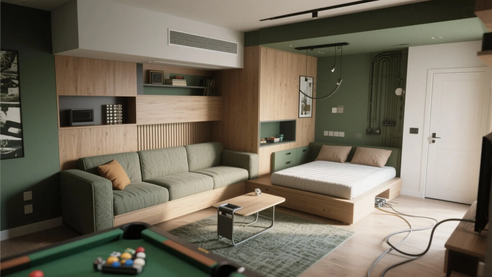 Modern green game room with sofa bed coffee table pool table and wood wall panels