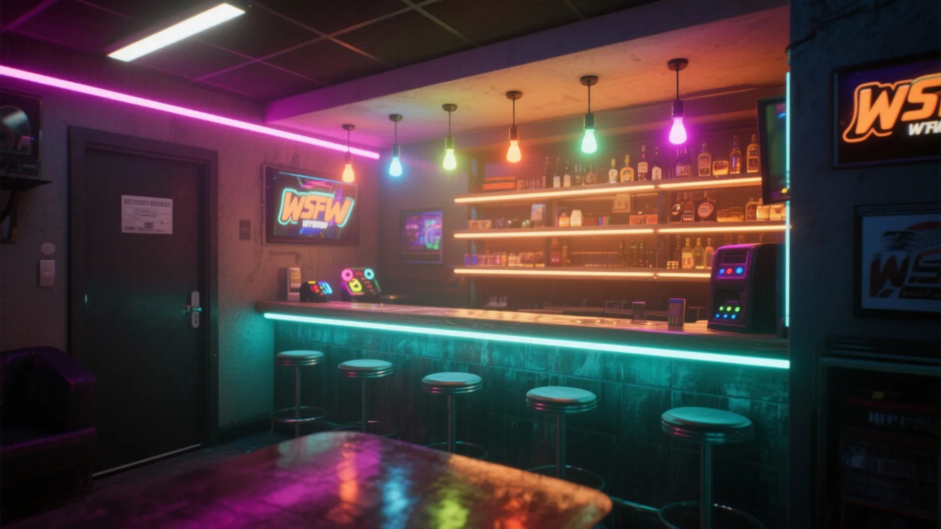 Modern bar area with colorful neon lights tall stools and glass bottles on wood shelves