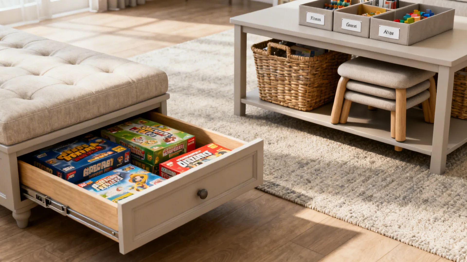 Organized game storage in bench drawers and baskets with stools tucked under a compact table