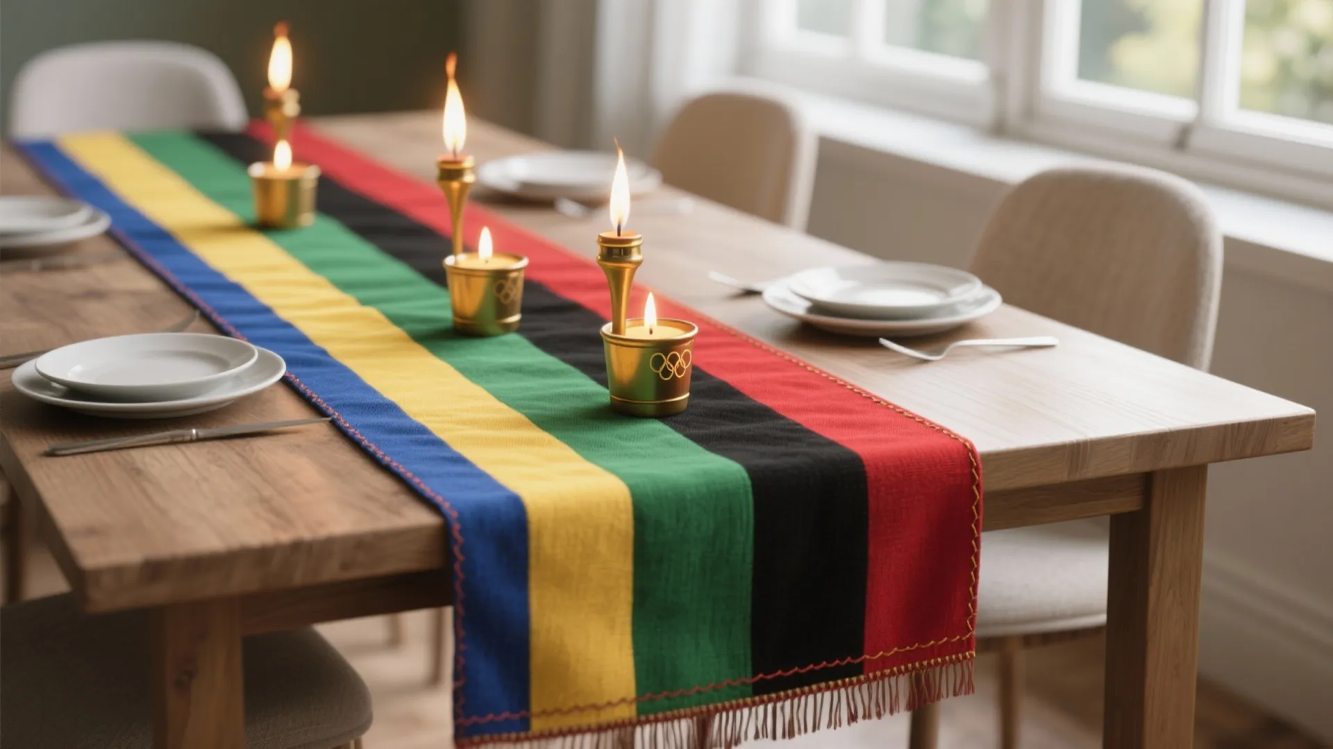 Wooden dining table decorated with a colorful striped runner small gold candles and white plates