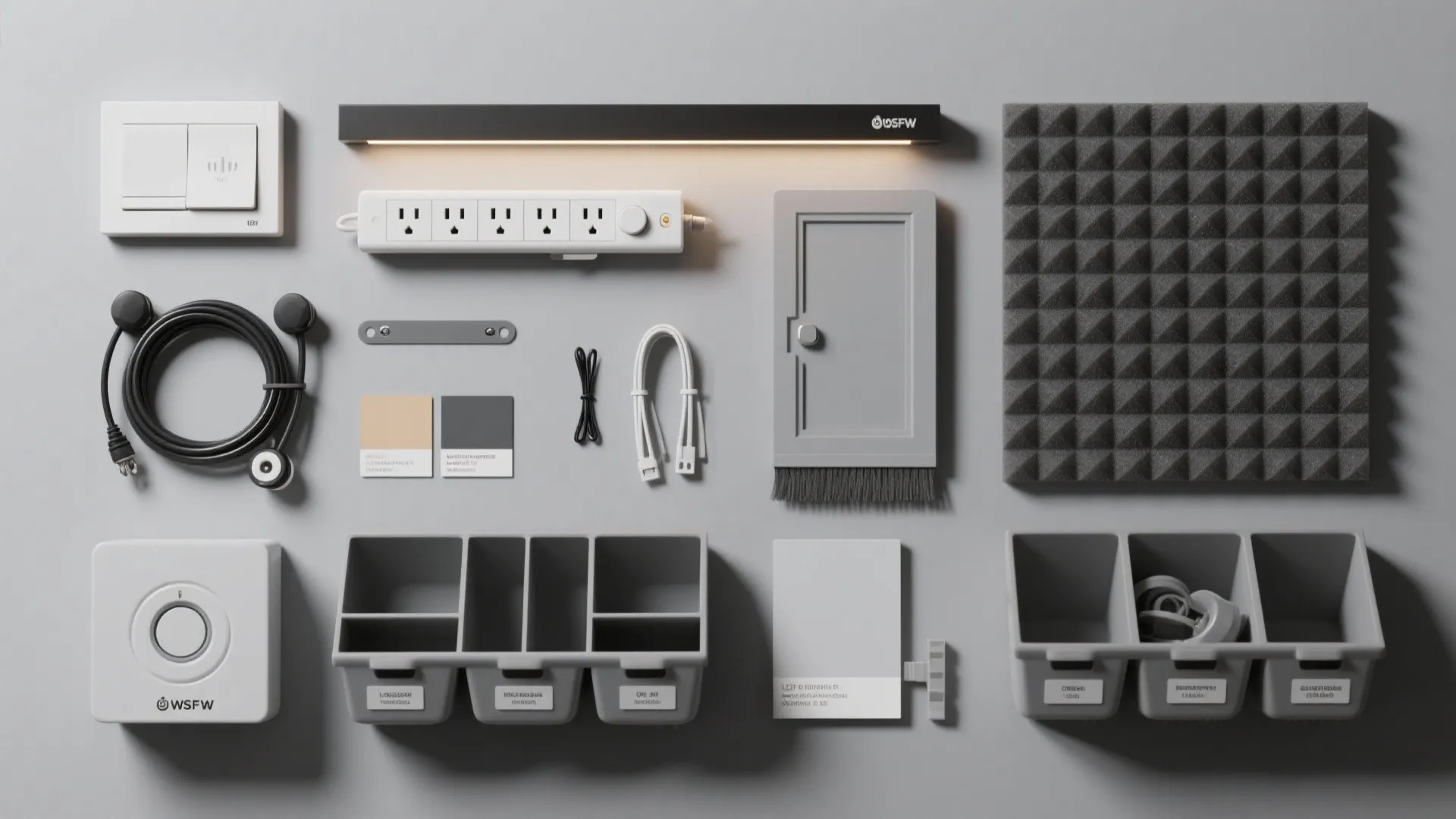 Top view of room accessories including power strip light fixture foam panel and grey storage bins