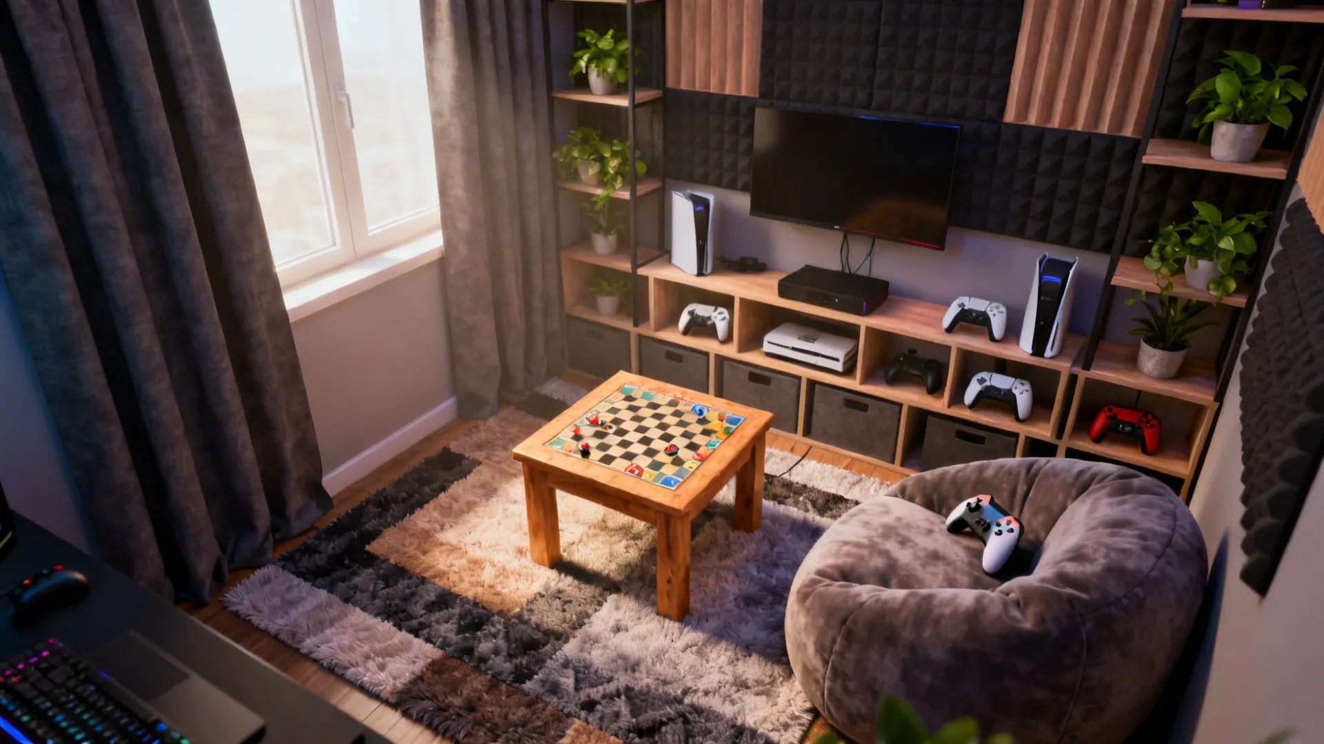 Cozy gaming room with a beanbag chair, wooden storage for consoles, and a chessboard table