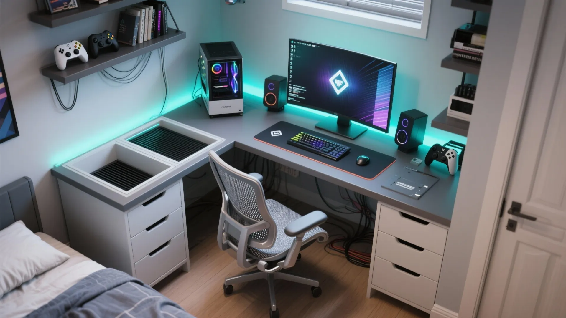 Top-down mockup of a ventilated gaming nook with cable management and bias lighting for a teen bedroom.