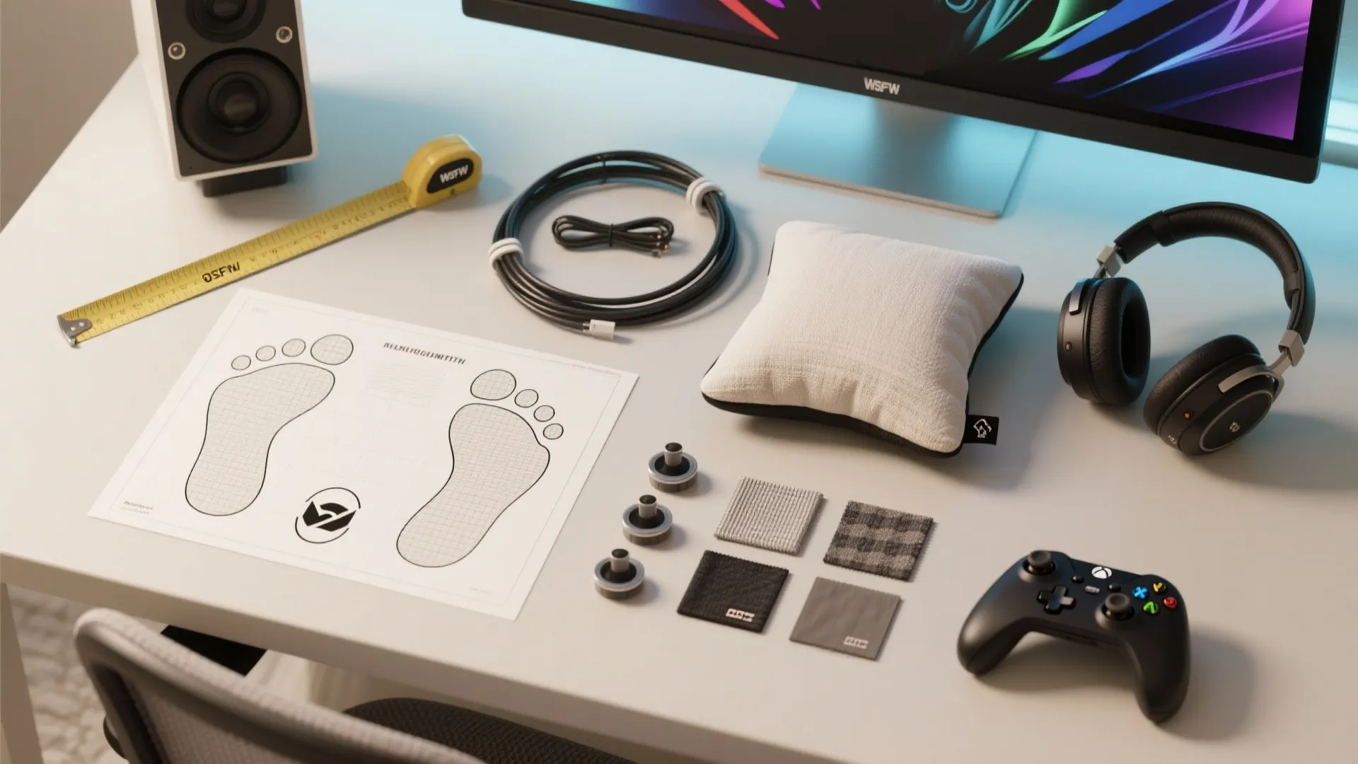 Flatlay of gaming accessories, cable organizers, measuring tape and a chair footprint mockup for planning small spaces.