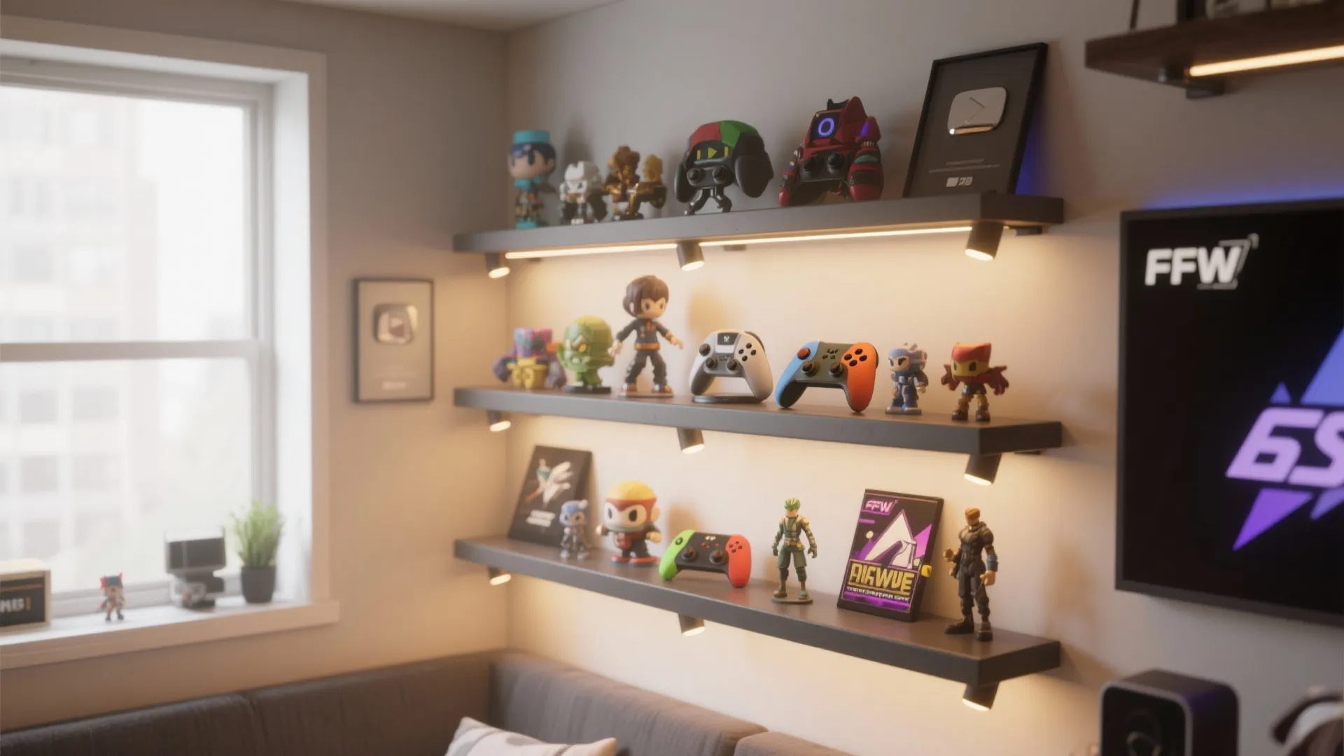 Wall-mounted shelves displaying gaming collectibles with LED lighting