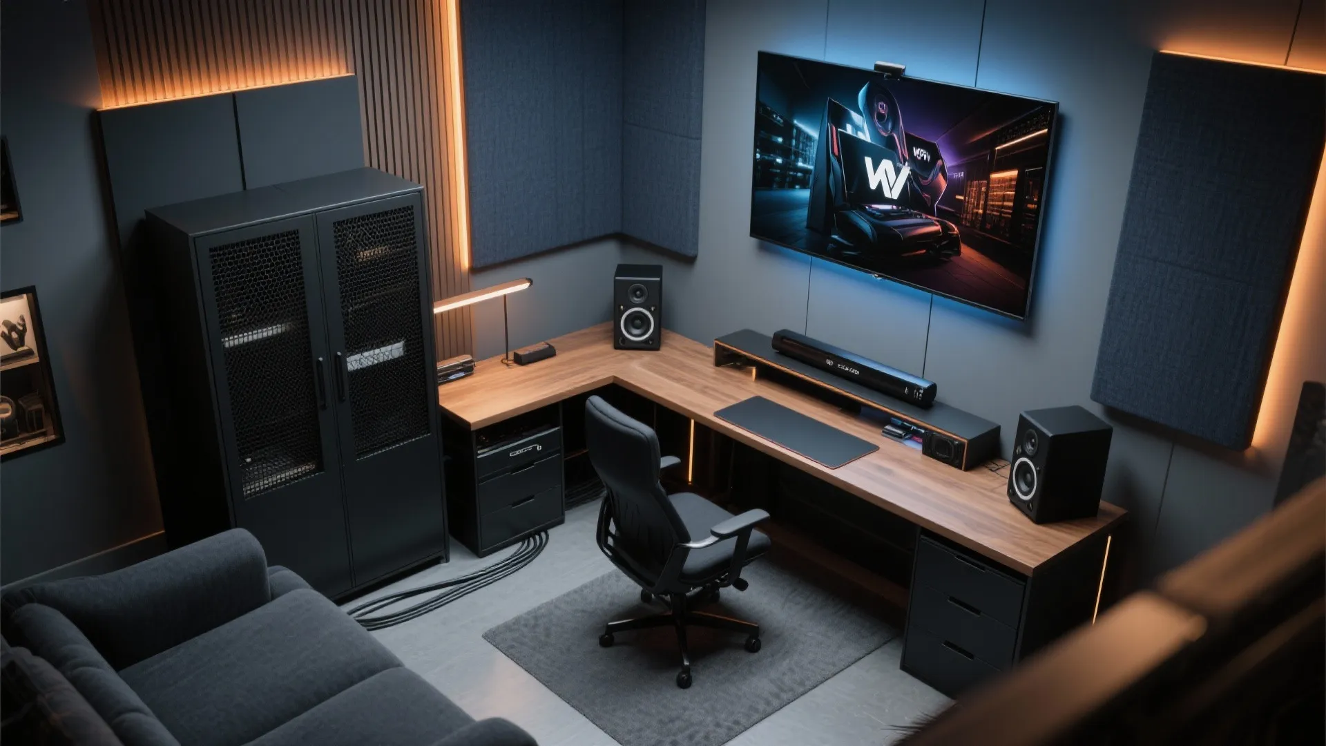 Modern gaming room with wooden desk black chair wall mounted television speakers and grey sofa