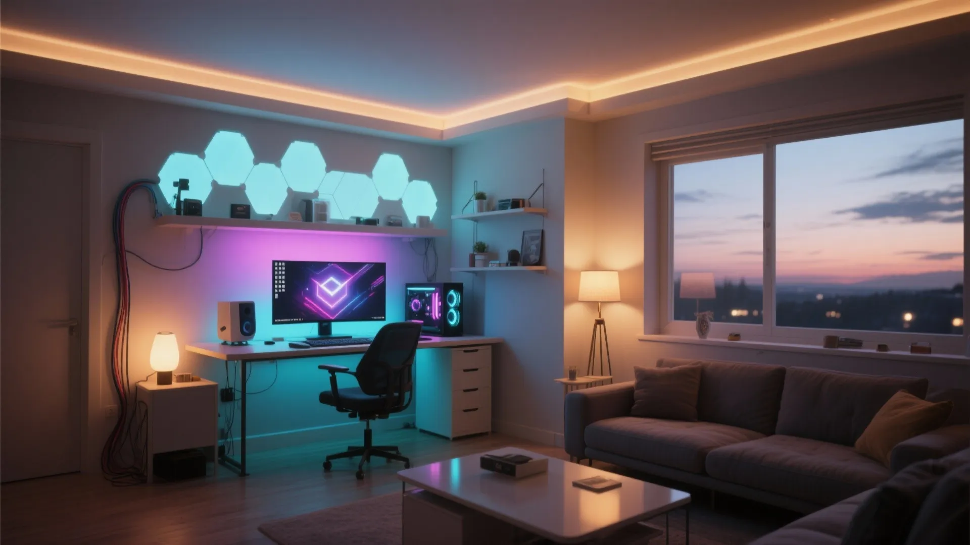 Gaming room with hexagonal wall lights computer setup grey sofa and large window at sunset
