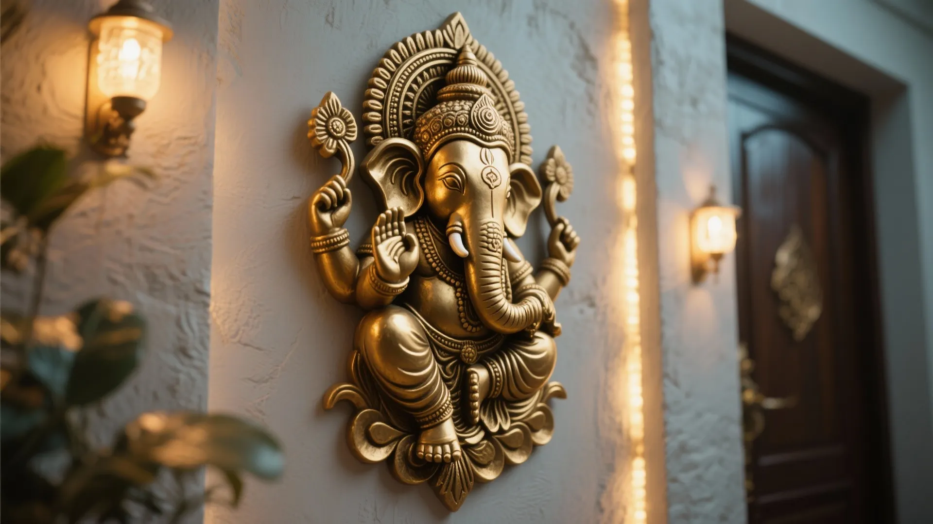 Golden elephant god statue mounted on white wall with warm lights next to a door.