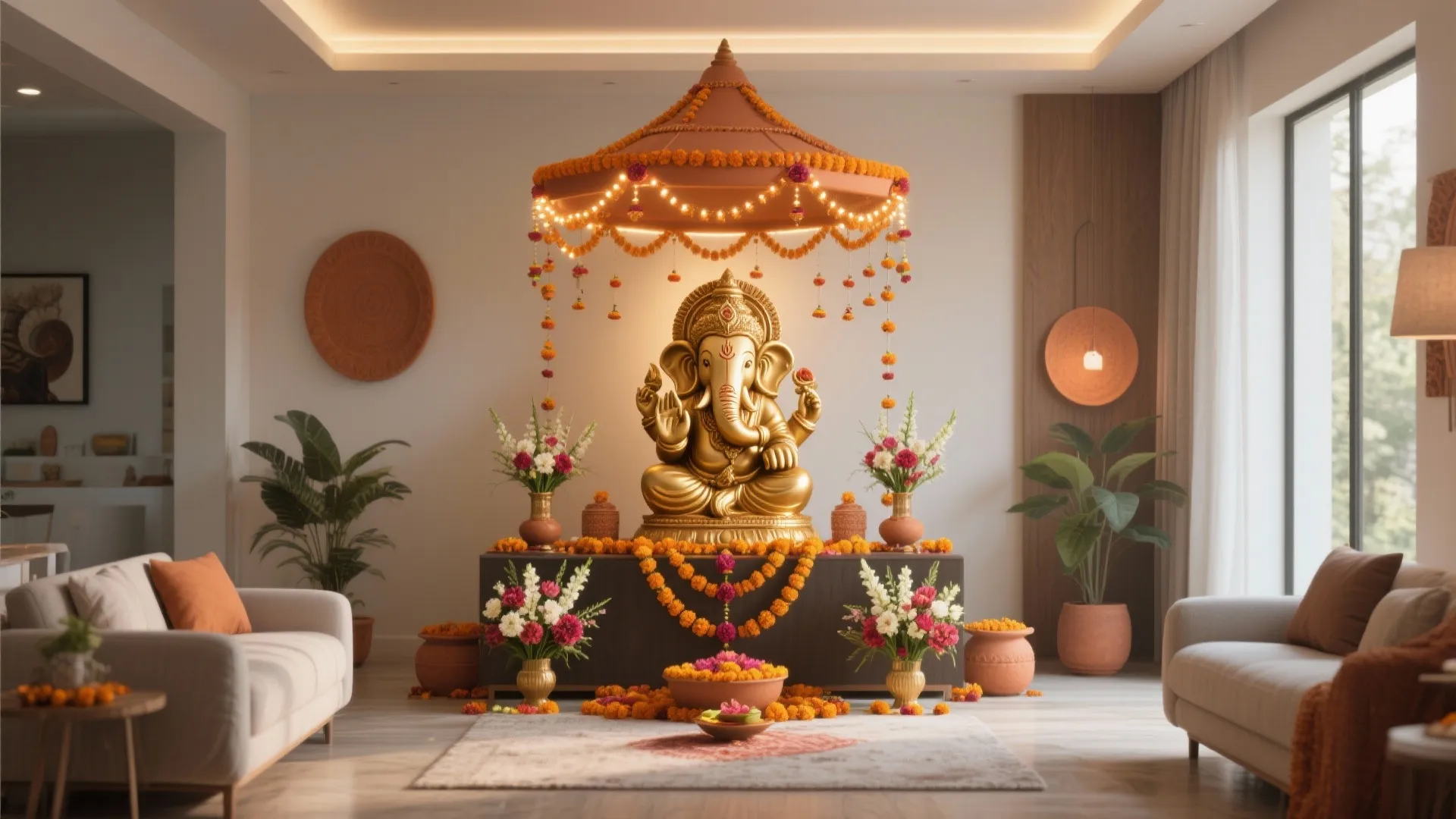 Golden Ganesha statue in living room with orange flower garlands and white sofas on sides