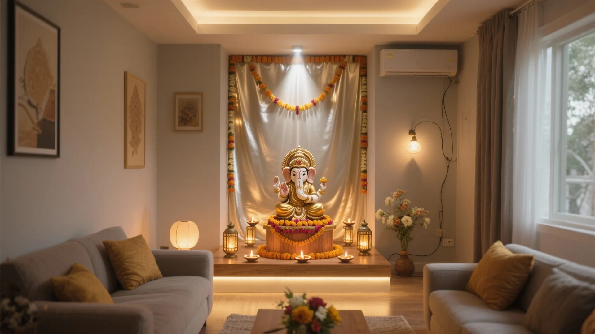 Living room with Ganesha statue on wooden platform featuring warm lighting and grey fabric sofas
