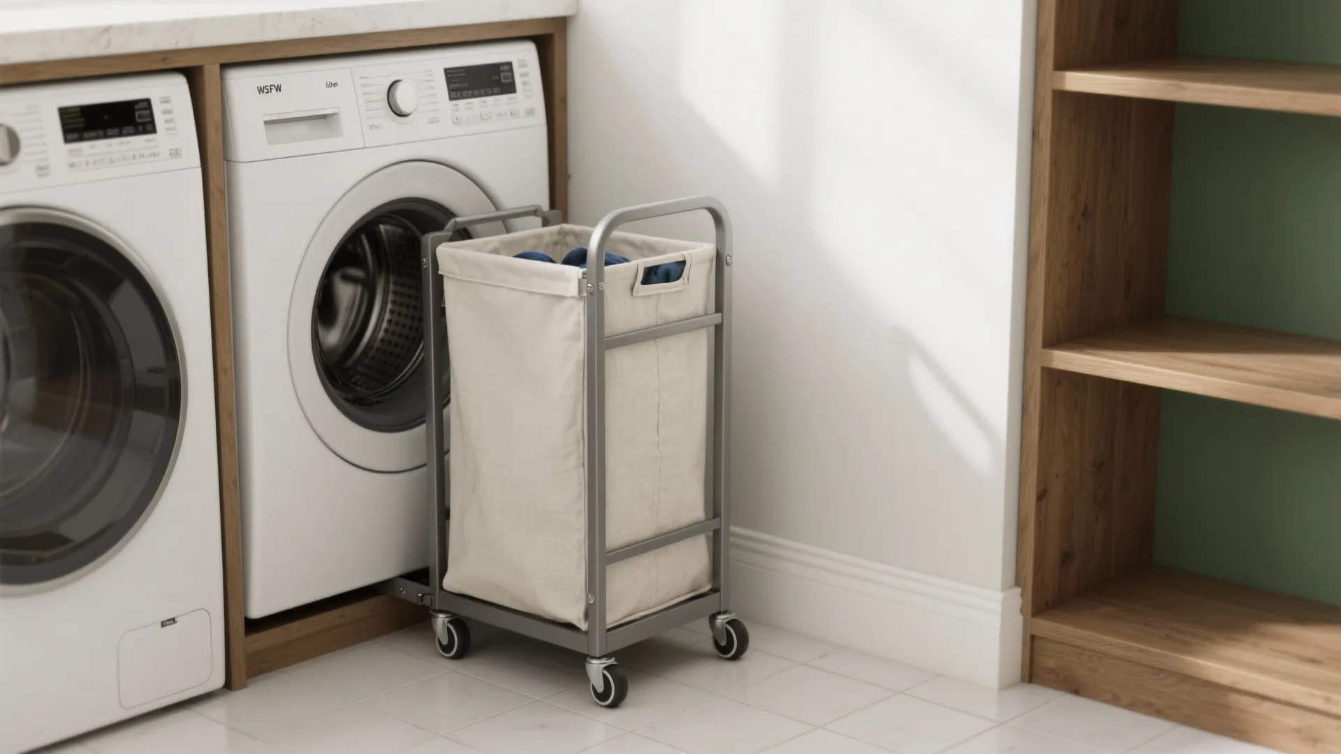 Slim rolling hamper cart sliding into a 6–8 inch gap beside a washer