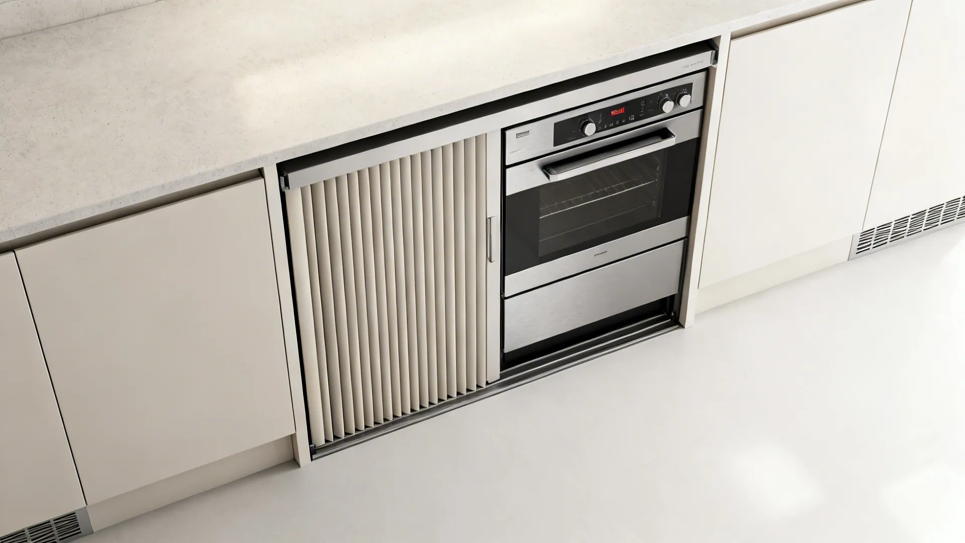 Top-down view of appliance garage showing tambour door path and ventilation zones