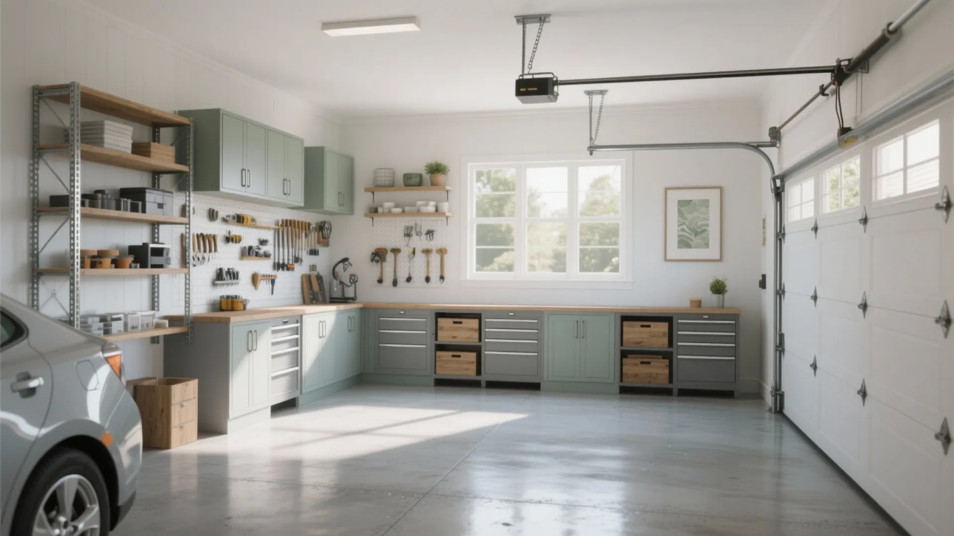 Clean garage interior design drawing with green cabinets, wooden workbench, wall tools, window, and car