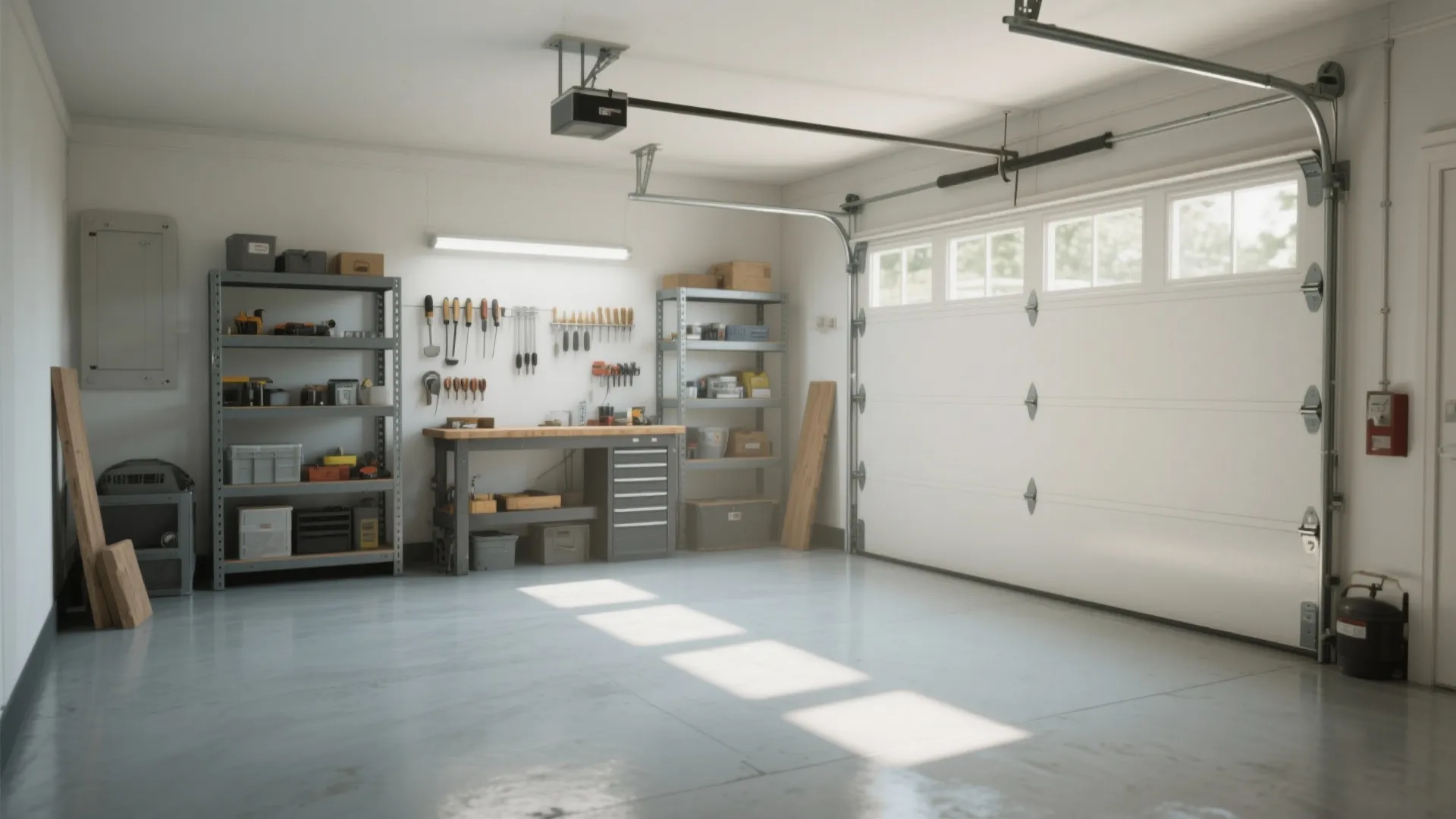 Clean organized garage interior with white door workbench metal shelves wall tools and grey floor