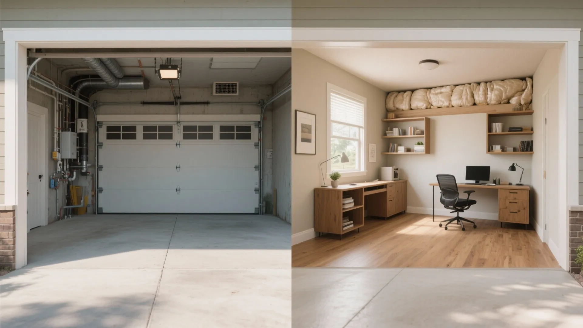 Before and after of a garage converted into a finished bonus room with office furnishings