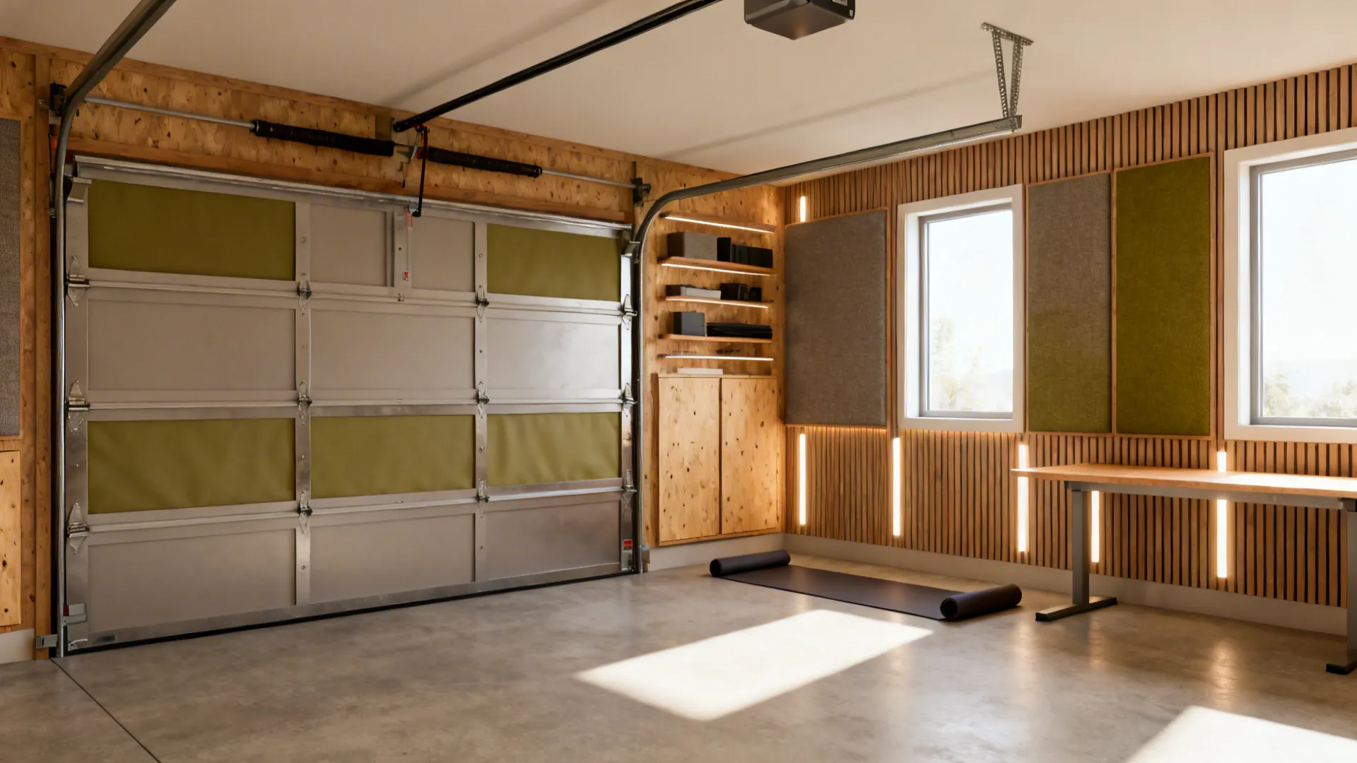 Modern garage interior design with wooden wall panel metal door windows workbench and warm lights