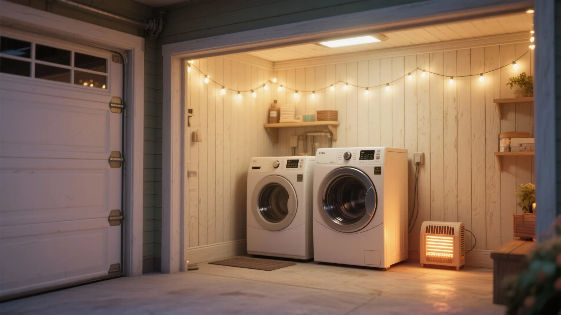 Cozy garage laundry area with white washing machine dryer string lights and a small heater
